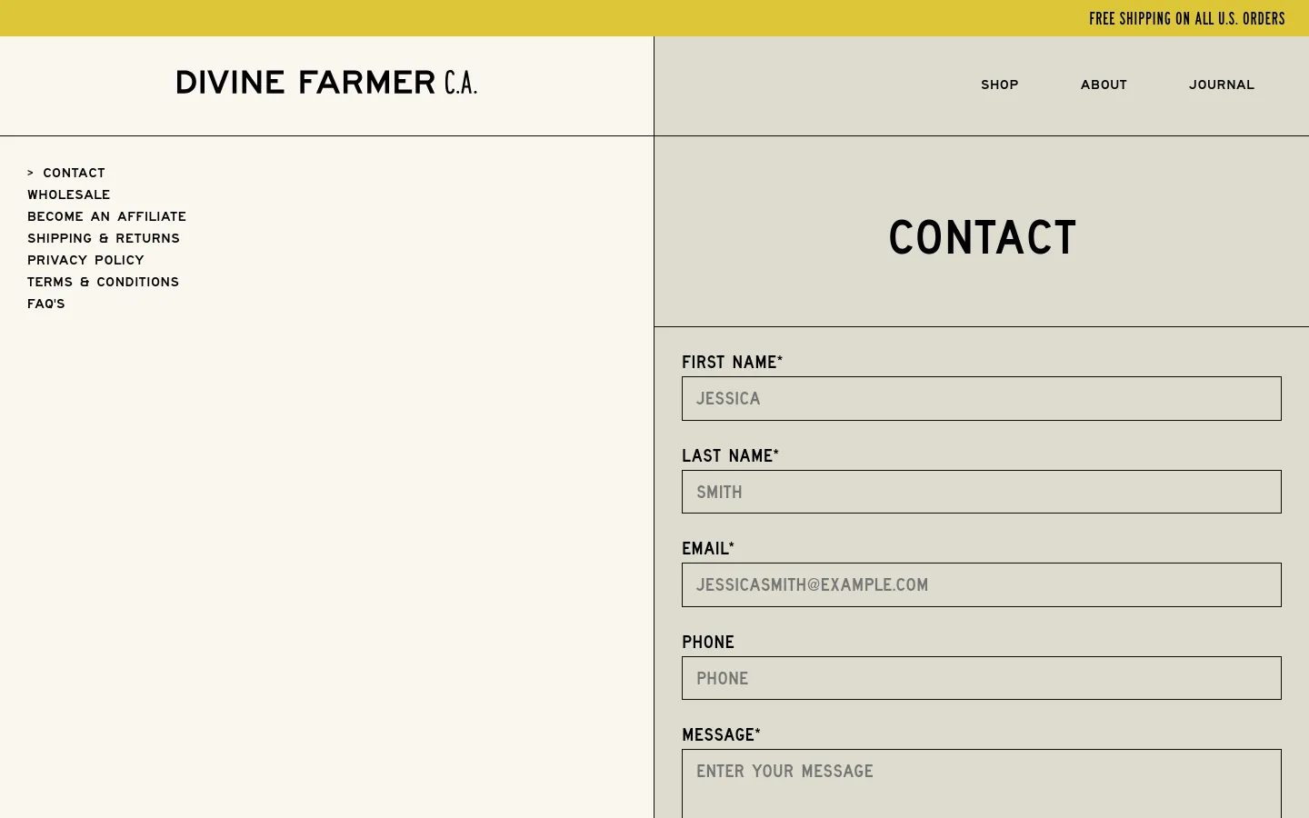 The desktop contact page features a minimalist design with a split layout: a light cream left sidebar containing navigation links and a larger light grey main section. The main section displays a large 'CONTACT' headline above a vertical contact form with fields for First Name, Last Name, Email, Phone, and Message, all set against a neutral background.