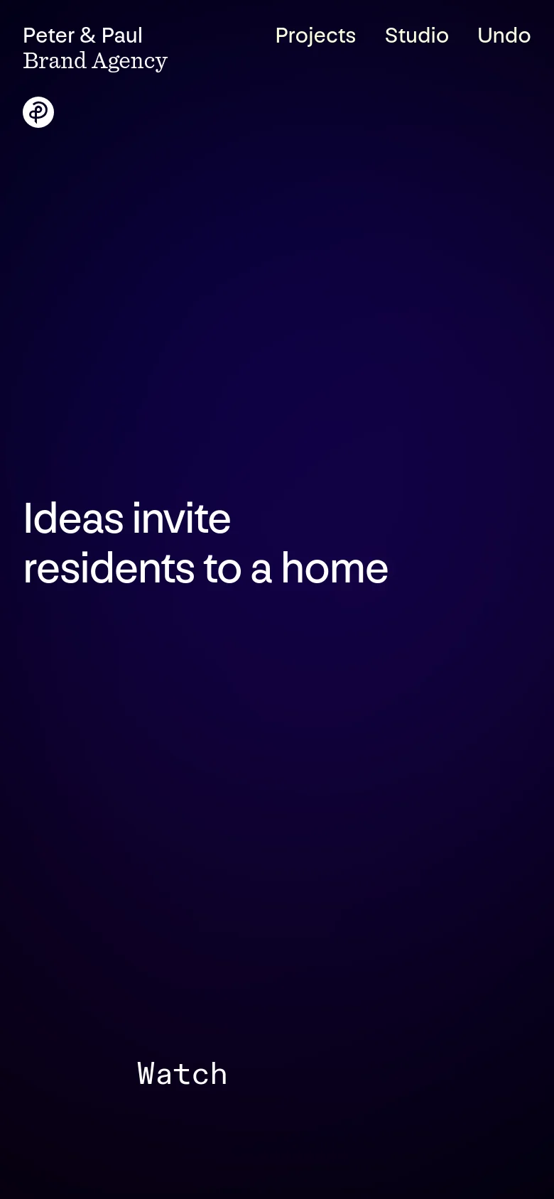 The mobile version presents a simplified vertical layout with a deep navy blue background. The headline 'Ideas invite residents to a home' is centered prominently, with a 'Watch' call to action button located at the bottom. Navigation links and the brand logo are stacked at the top of the screen.