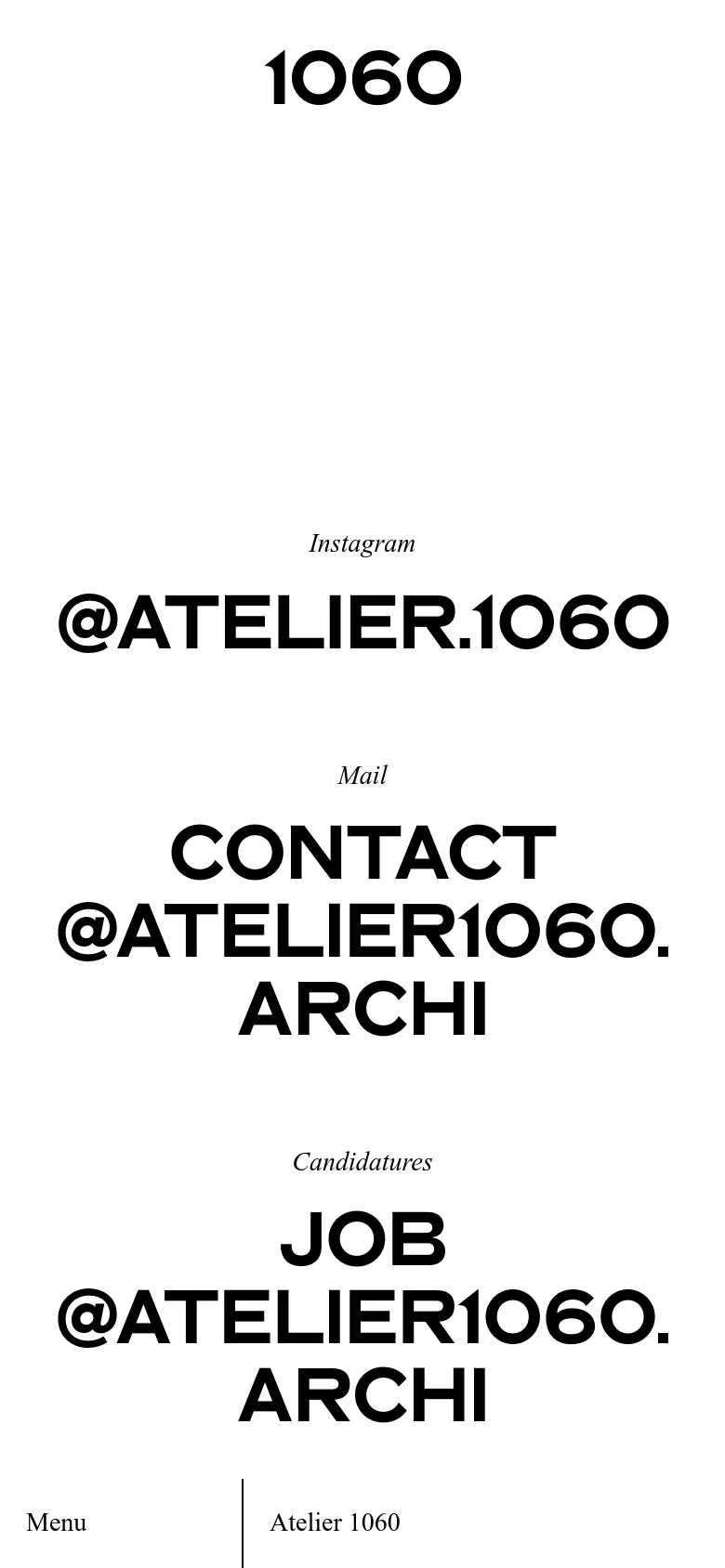 The mobile version maintains the minimalist aesthetic and centered black text on a white background. The layout is vertically stacked, presenting the Instagram handle, contact email, and job application email in large, prominent font sizes. The bottom navigation is simplified to accommodate the smaller screen width.