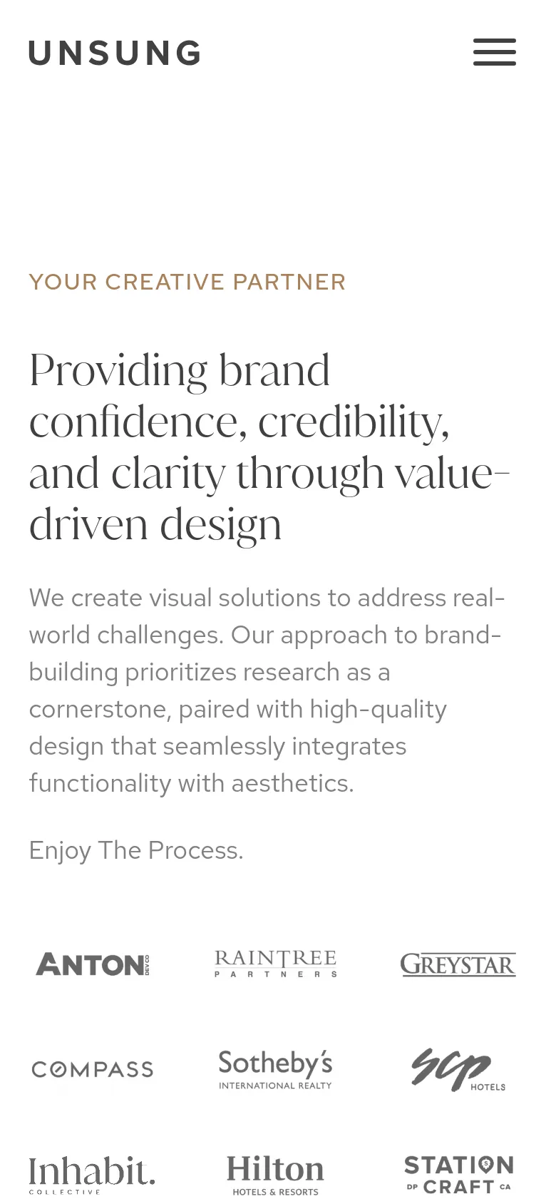 The mobile version uses a single-column vertical layout optimized for small screens. The navigation is condensed into a hamburger menu icon next to the Unsung logo, and the client logo grid and text sections are stacked vertically for easier scrolling.