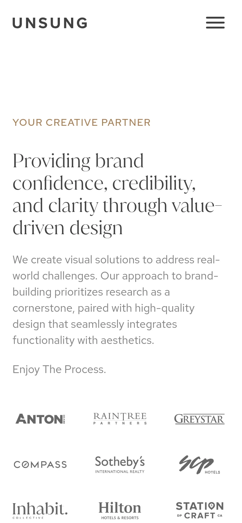 The mobile version uses a single-column vertical layout optimized for small screens. The navigation is condensed into a hamburger menu icon next to the Unsung logo, and the client logo grid and text sections are stacked vertically for easier scrolling.