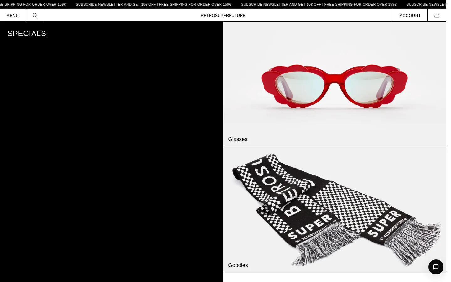 The desktop page features a minimalist design with a black header containing the title 'SPECIALS' in white. Below, two large horizontal sections display high-quality product images: red scalloped sunglasses labeled 'Glasses' and a black and white checkered scarf labeled 'Goodies' against a light grey background.
