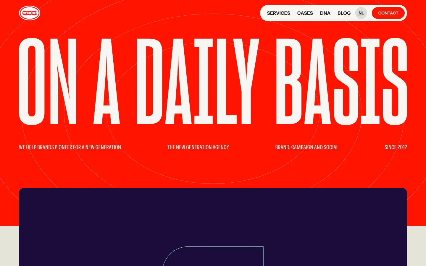The homepage features a bold red hero section with large white typography reading 'ON A DAILY BASIS'. A navigation bar at the top includes links for Services, Cases, DNA, Blog, and a Contact button. Below the hero, a light grey section introduces the agency's mission and displays several award logos.