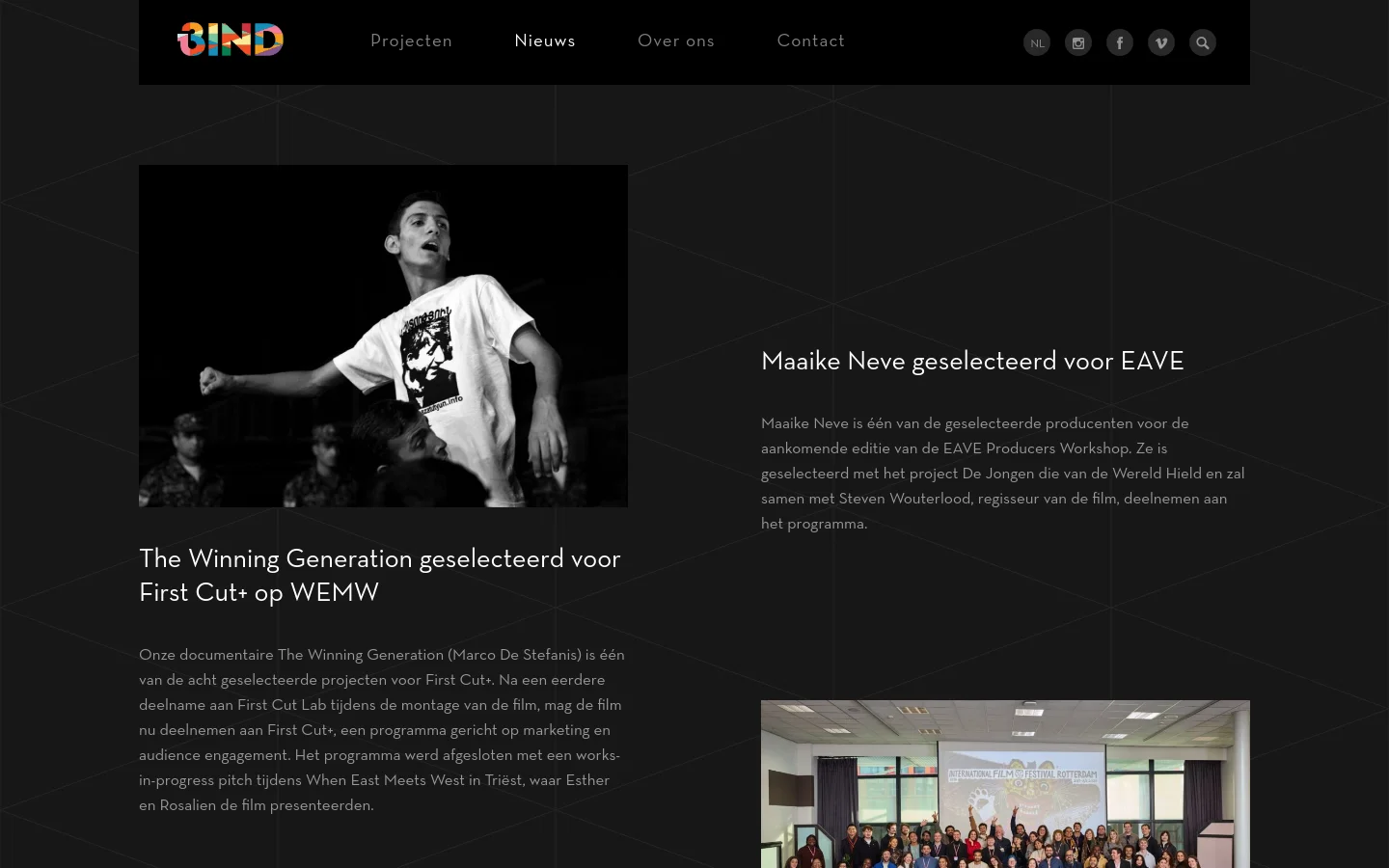 The desktop news page features a dark, textured background with a minimalist navigation bar at the top. A large black and white hero image of a man in a white t-shirt is positioned on the left, with a prominent headline and descriptive text about 'The Winning Generation' to its right and below it.