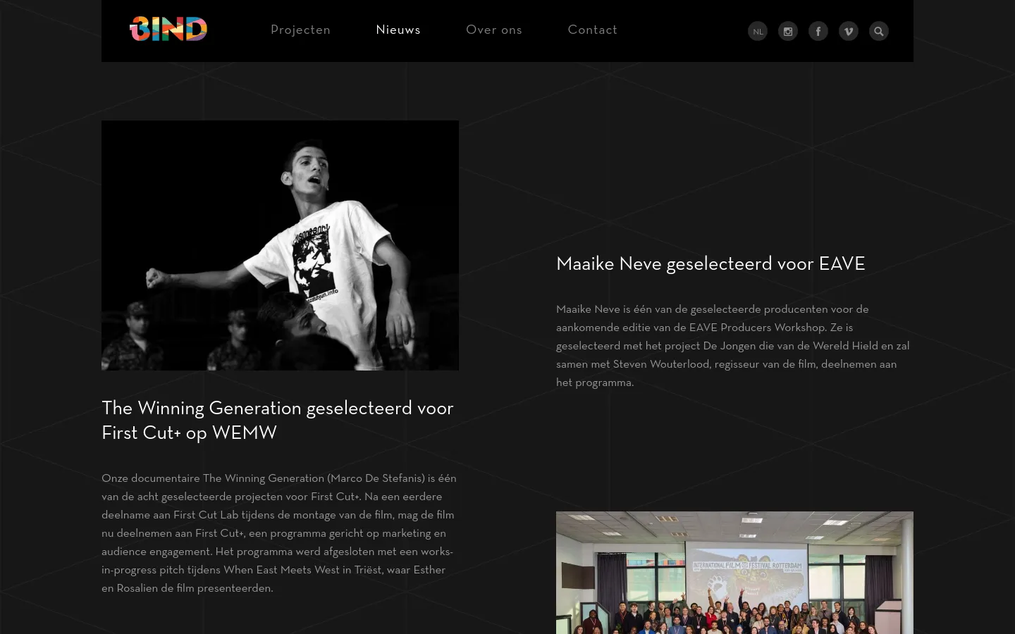 The desktop news page features a dark, textured background with a minimalist navigation bar at the top. A large black and white hero image of a man in a white t-shirt is positioned on the left, with a prominent headline and descriptive text about 'The Winning Generation' to its right and below it.