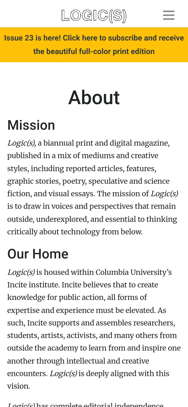 The mobile version maintains the white background and black text but uses a simplified layout with a hamburger menu icon in the top right. The yellow subscription banner spans the width of the screen at the top, and the text content is stacked vertically for easier scrolling on a narrow screen.