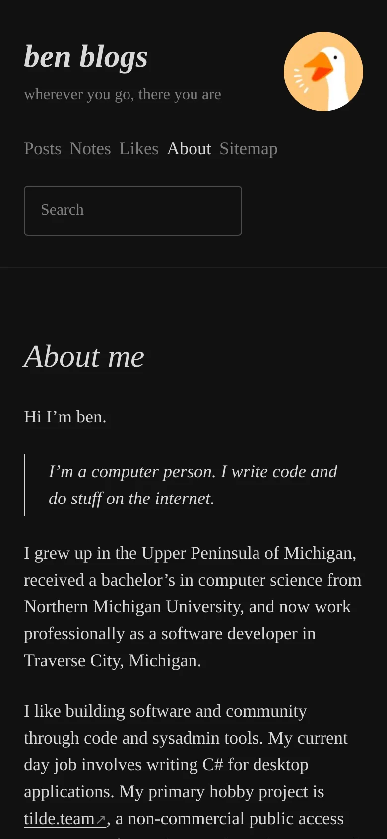 The mobile version simplifies the layout by stacking the header elements vertically. The site title, duck logo, navigation links, and search bar are centered at the top, followed by the biographical content in a single-column format.