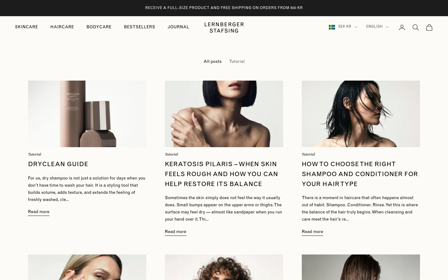 The desktop Journal page features a minimalist design with a neutral color palette. A large hero banner shows product bottles, followed by the 'Journal' heading and a brief introduction. Below, a grid of article cards displays a category tag, a large image, a bold headline, a short text excerpt, and a 'Read more' link.
