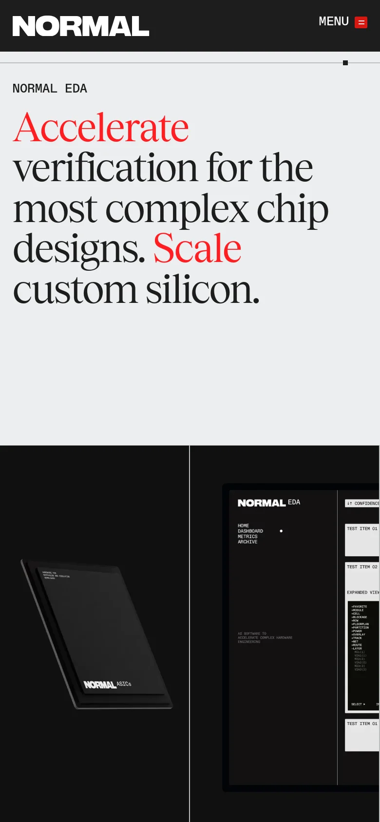 The mobile version uses a simplified vertical layout with a large, bold headline in black and red serif font. The navigation is condensed into a hamburger menu icon next to the 'NORMAL' logo, and the hero imagery of the software interface is stacked below the main text to fit the narrow screen.