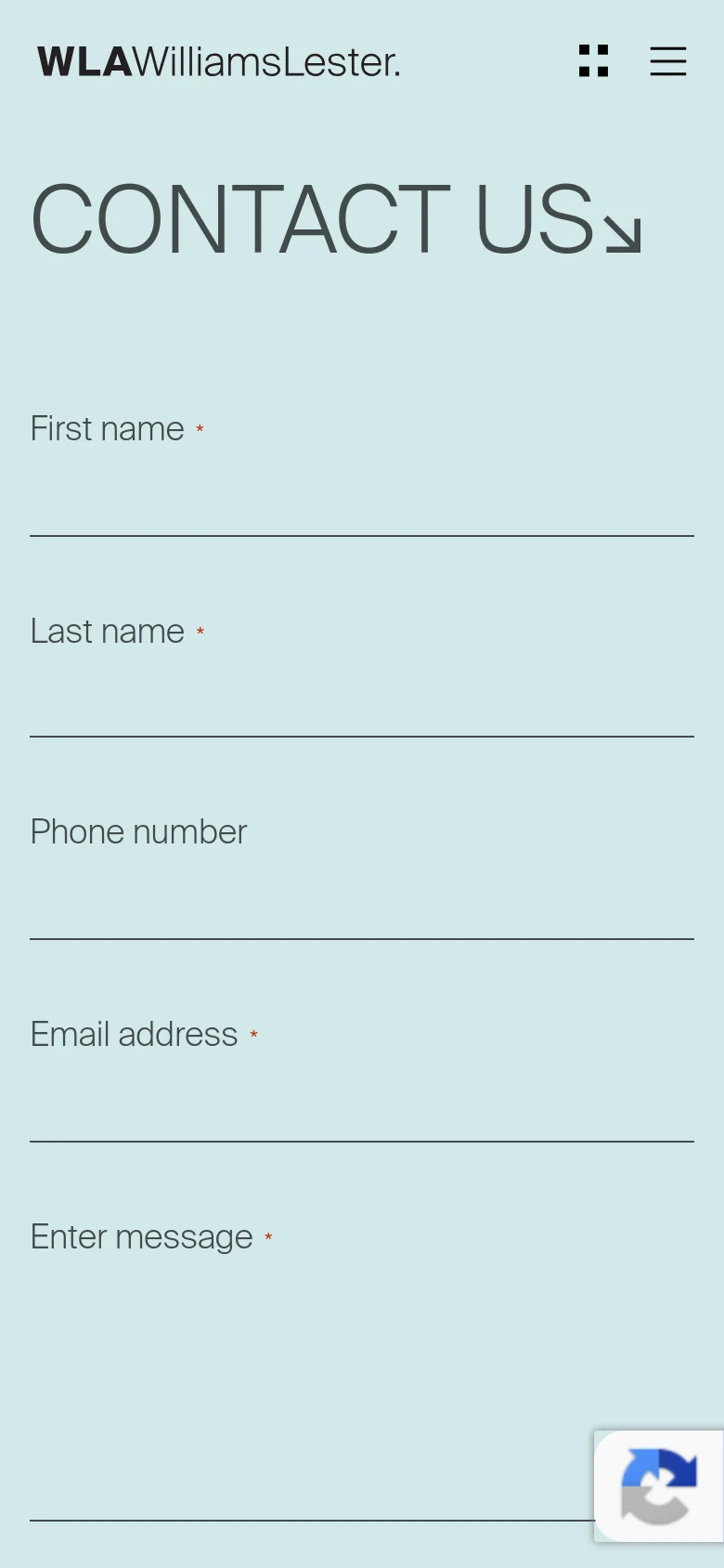 The mobile version presents a single-column vertical layout on a light sage green background. The 'CONTACT US' headline is prominent at the top, followed by a stacked contact form with fields for name, phone, email, and message, with contact information and social links appearing below the form.
