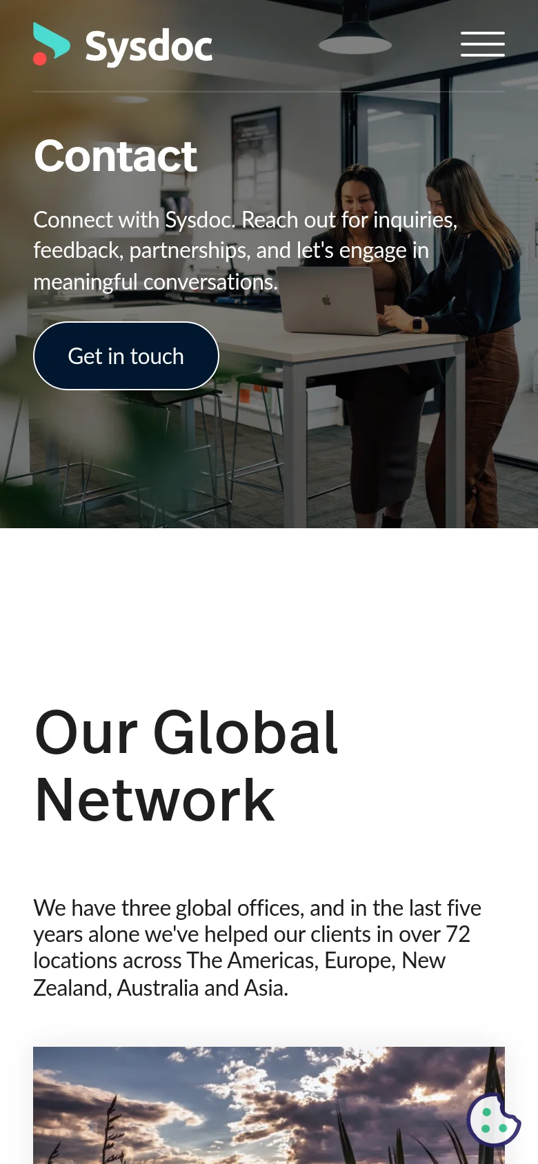 The mobile version presents a vertically stacked layout with the hero image, 'Contact' headline, and 'Get in touch' button appearing first. The navigation is condensed into a hamburger menu icon at the top right, and the 'Our Global Network' section follows below, maintaining the same white background and dark text as the desktop version.