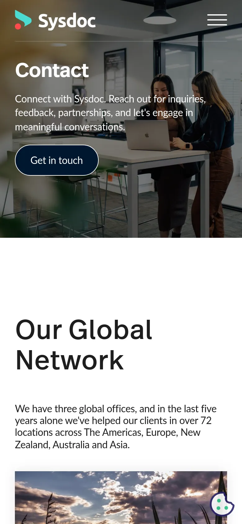 The mobile version presents a vertically stacked layout with the hero image, 'Contact' headline, and 'Get in touch' button appearing first. The navigation is condensed into a hamburger menu icon at the top right, and the 'Our Global Network' section follows below, maintaining the same white background and dark text as the desktop version.