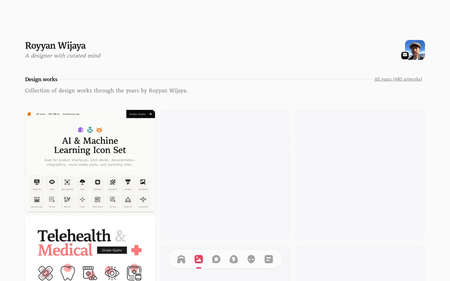 The desktop view shows Royyan Wijaya's design portfolio with a clean white background. A header features the designer's name, a tagline, and a circular profile photo with an email icon. Below, a 'Design works' section displays a grid of large project thumbnails, including icon sets for AI, medical, and travel, with a link to view all 480 artworks.