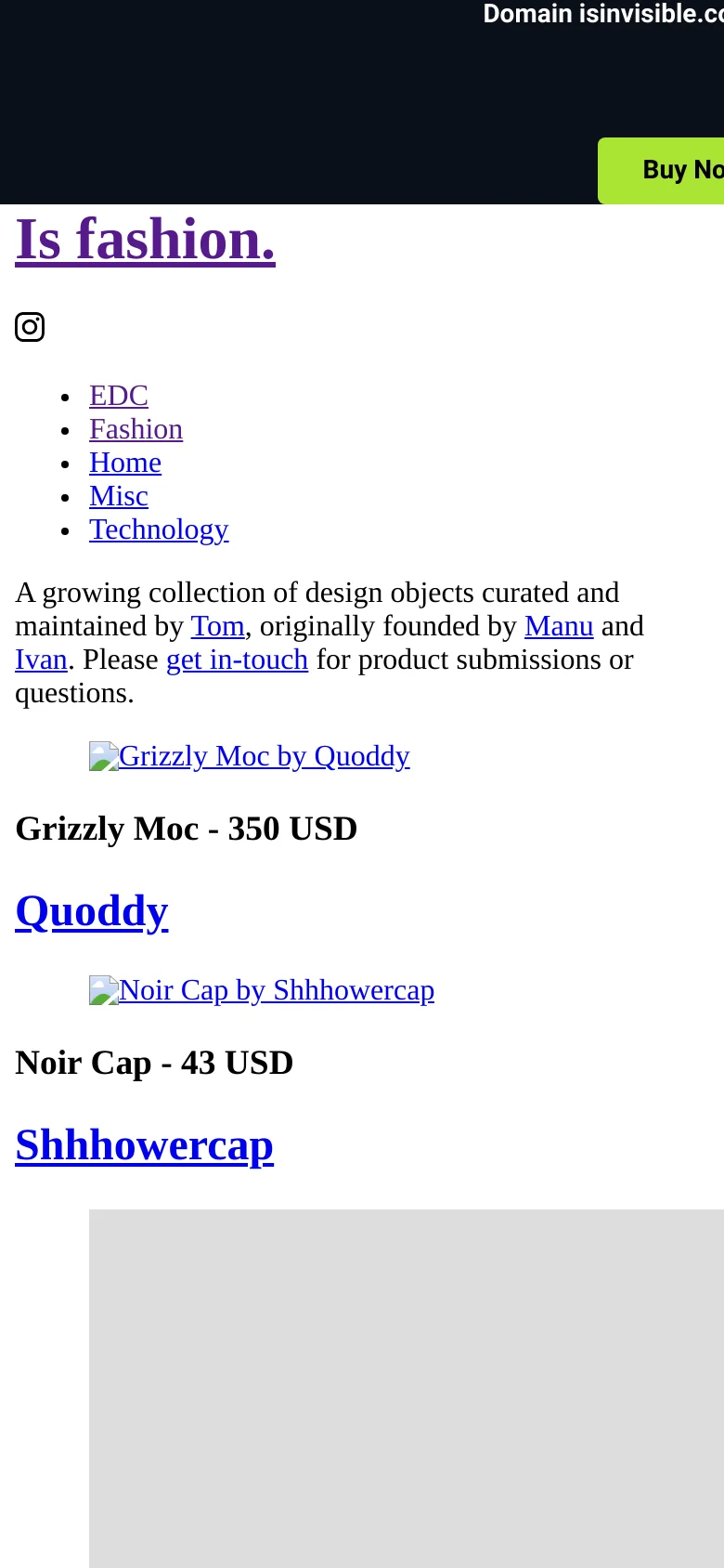 The mobile version maintains the minimalist white and black aesthetic but presents the content in a single-column vertical scroll. The navigation menu and product list, featuring items like the Grizzly Moc and Noir Cap, are scaled for a narrow screen, with the yellow 'Buy Now' button appearing at the top.