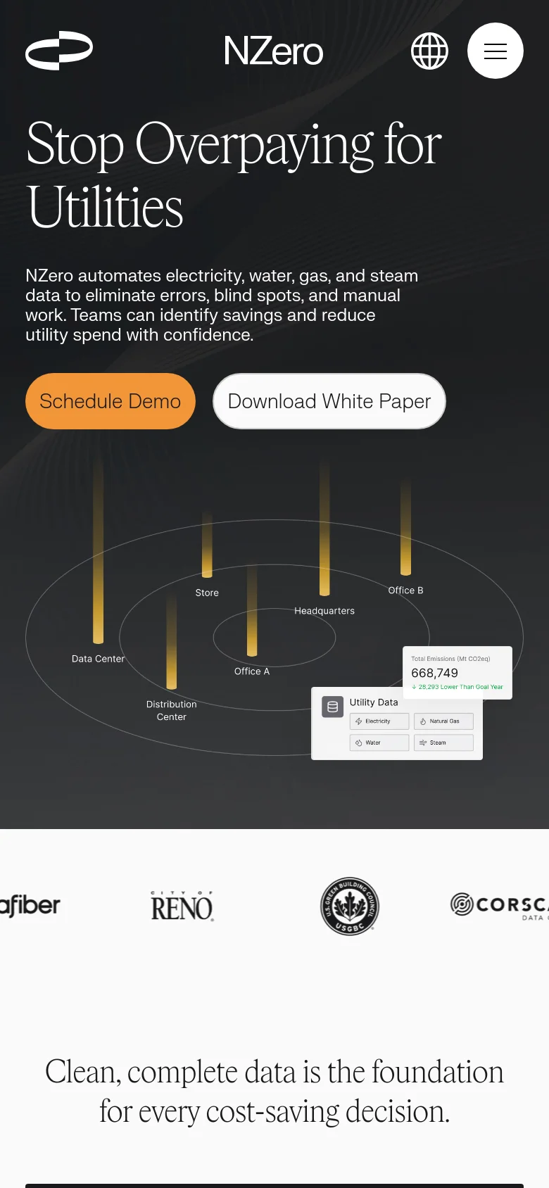 The mobile version presents a vertically stacked layout with the headline and description centered at the top. The 'Schedule Demo' and 'Download White Paper' buttons are large and stacked, followed by a condensed version of the glowing data visualization graphic. The partner logo strip is partially visible at the bottom, with logos appearing in a single horizontal row.