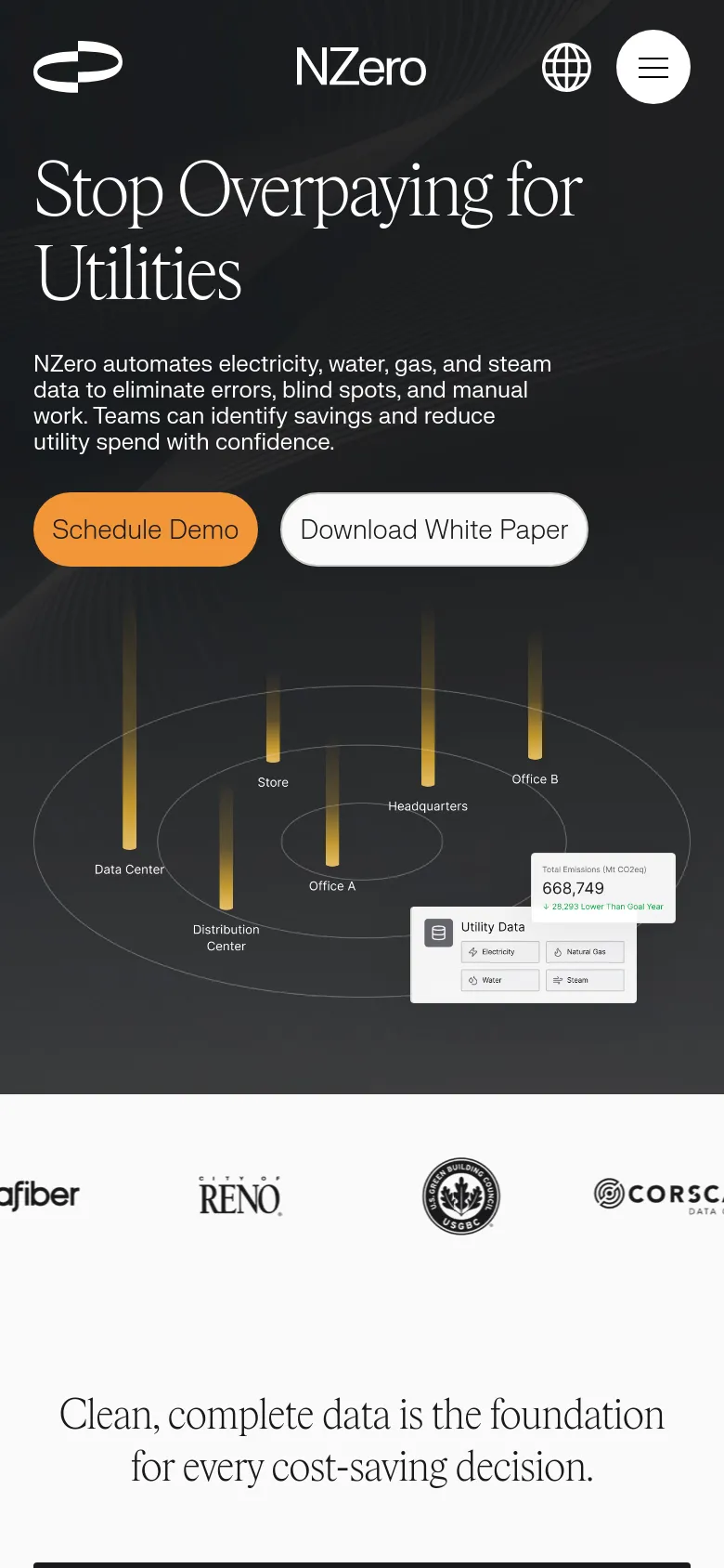 The mobile version presents a vertically stacked layout with the headline and description centered at the top. The 'Schedule Demo' and 'Download White Paper' buttons are large and stacked, followed by a condensed version of the glowing data visualization graphic. The partner logo strip is partially visible at the bottom, with logos appearing in a single horizontal row.