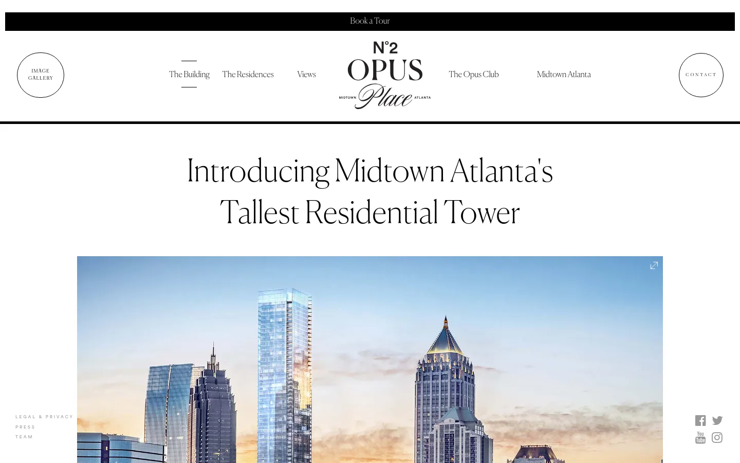 The desktop homepage features a minimalist luxury design with a white background and elegant serif typography. A large hero section displays the headline 'Introducing Midtown Atlanta's Tallest Residential Tower' above a wide panoramic photograph of the Atlanta skyline at sunset. Navigation links like 'The Building' and 'The Residences' surround a central logo, with 'Image Gallery' and 'Contact' buttons positioned on the far left and right.
