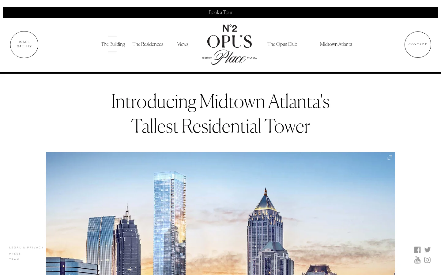 The desktop homepage features a minimalist luxury design with a white background and elegant serif typography. A large hero section displays the headline 'Introducing Midtown Atlanta's Tallest Residential Tower' above a wide panoramic photograph of the Atlanta skyline at sunset. Navigation links like 'The Building' and 'The Residences' surround a central logo, with 'Image Gallery' and 'Contact' buttons positioned on the far left and right.