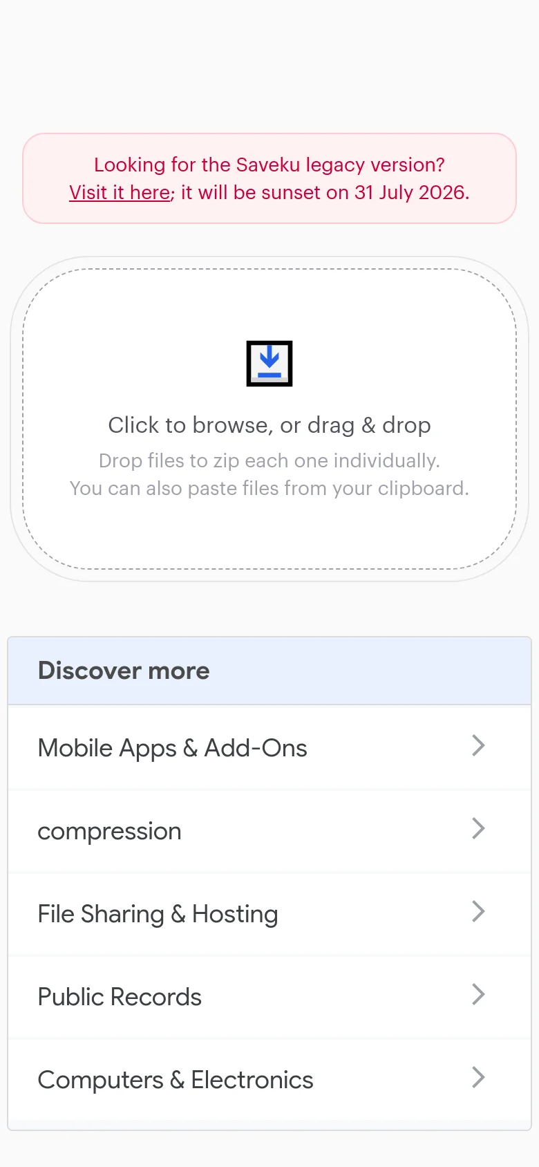 The mobile version simplifies the layout into a single vertical column, prioritizing the pink legacy version banner and the large, central dashed-border file upload area. The sidebars from the desktop view are replaced by a single 'Discover more' list below the upload box, featuring navigation links like 'Mobile Apps & Add-Ons' and 'Public Records' with chevron icons.