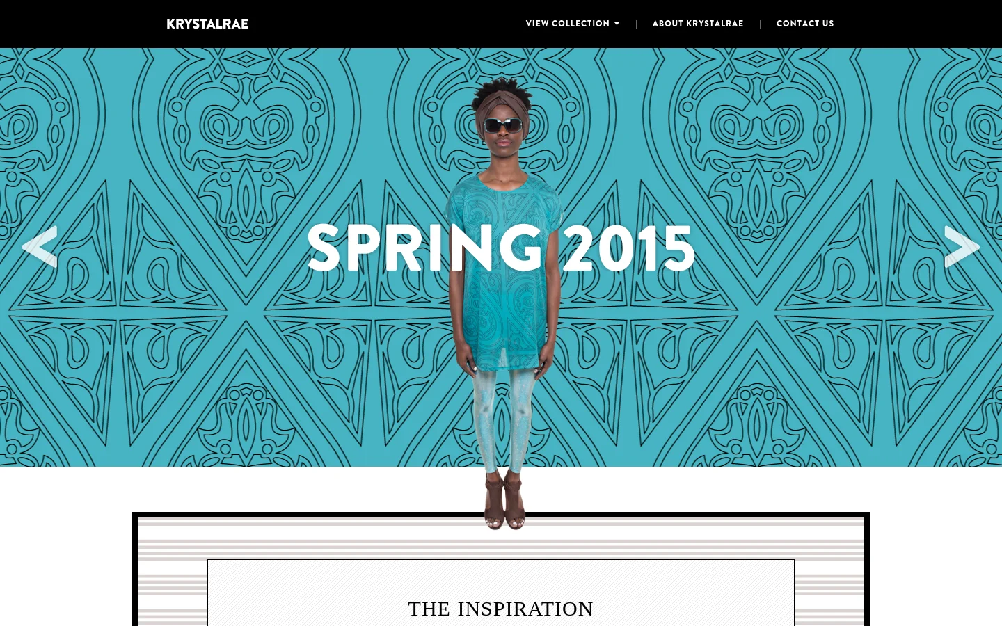 The desktop page features a large hero section with a teal patterned background and a central model wearing a teal tunic and patterned leggings. Large white text reads 'SPRING 2015' behind the model, with navigation arrows on the left and right sides. Below the hero, a white content area begins with the heading 'THE INSPIRATION'.