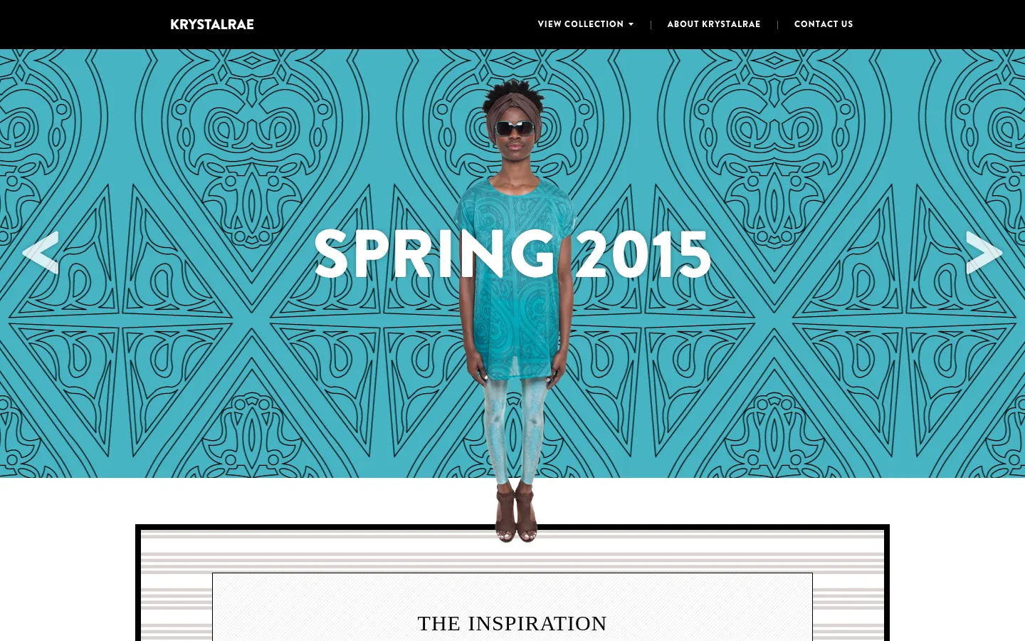 The desktop page features a large hero section with a teal patterned background and a central model wearing a teal tunic and patterned leggings. Large white text reads 'SPRING 2015' behind the model, with navigation arrows on the left and right sides. Below the hero, a white content area begins with the heading 'THE INSPIRATION'.