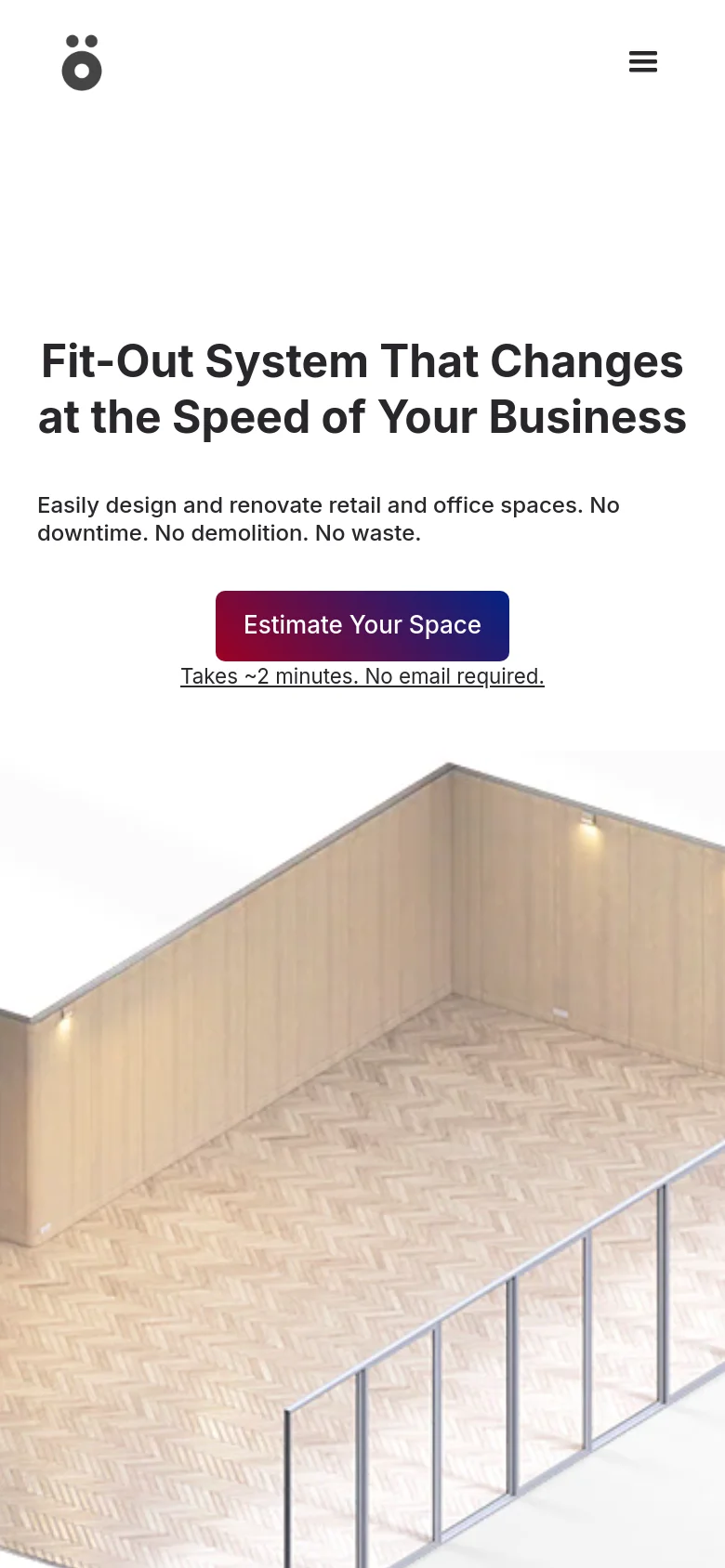 The mobile version uses a stacked vertical layout on a white background. The headline and 'Estimate Your Space' button are centered at the top, followed by a large hero image of the modular wall system that spans the width of the screen. The navigation is condensed into a hamburger menu icon at the top right.