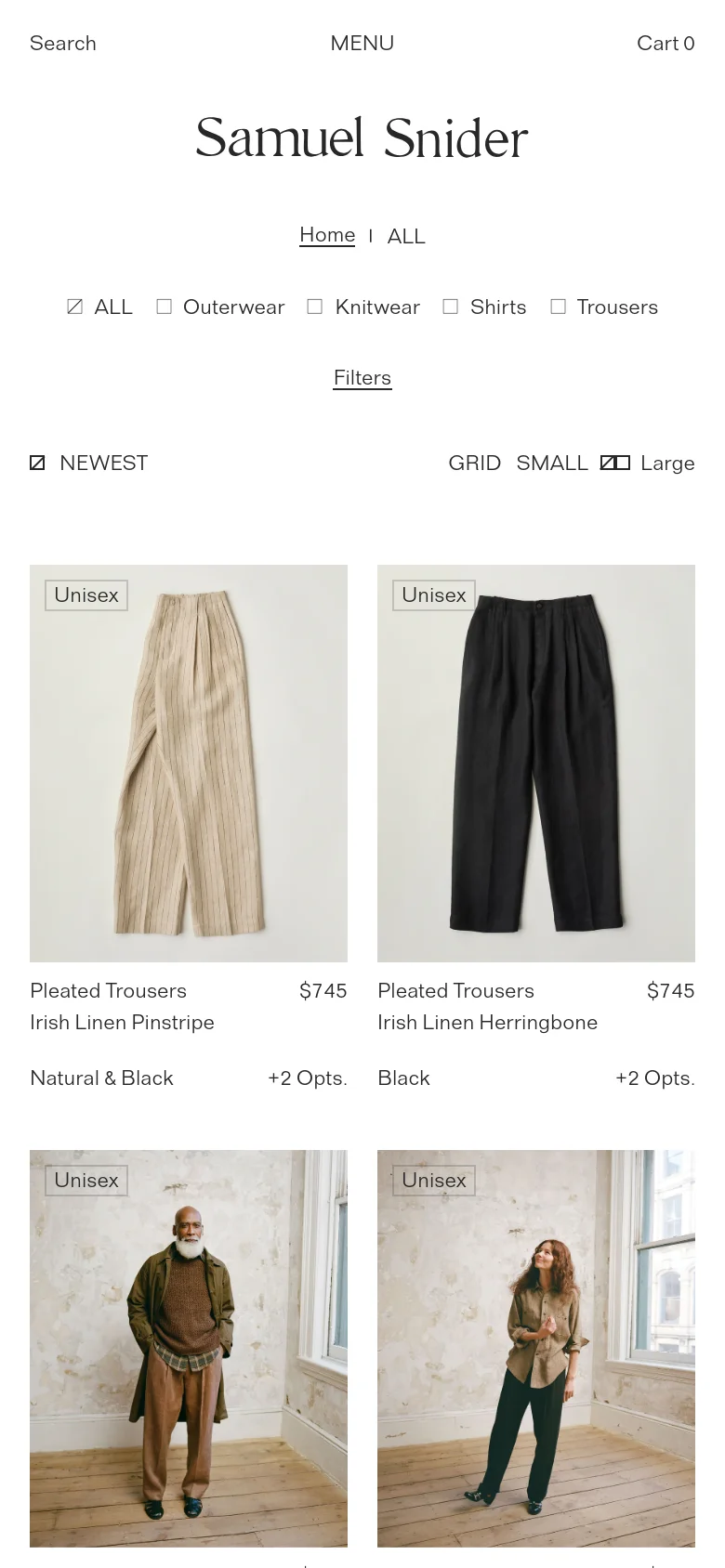 The mobile version presents a simplified, vertically stacked layout optimized for smaller screens. The header contains 'Search', 'MENU', and 'Cart 0' links, with the brand name 'Samuel Snider' prominently centered below. The product grid shifts to a single or double column view, showing large product images with text details like 'Pleated Trousers' and price information underneath.