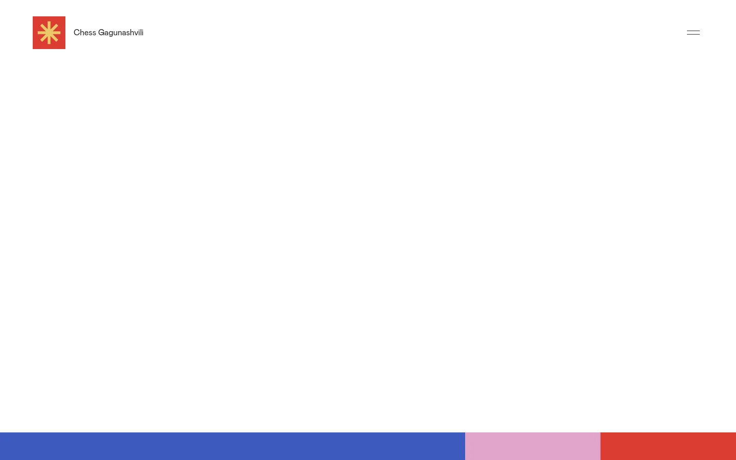 The About Us page features a clean white background with a header containing the Chess Gagunashvili logo and a navigation menu. The hero section displays the large, blue, stylized headline 'THE OPENING WITH KINGS & QUEENS' followed by introductory text about the academy's founders in green font. Below, the layout transitions into a blue section with white text describing the academy's history and achievements.