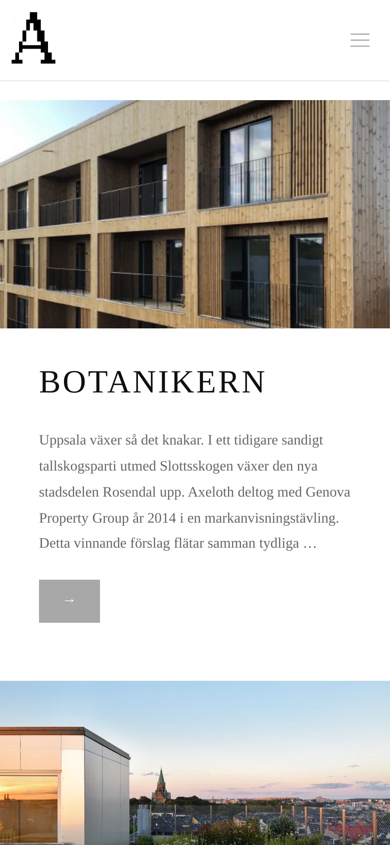 The mobile version features a simplified layout with a large hero image of the Botanikern project at the top. Below the image, the project title 'BOTANIKERN' is displayed in a large serif font, followed by a text description and a grey call-to-action button with an arrow. The navigation is condensed into a hamburger menu icon next to the company logo.
