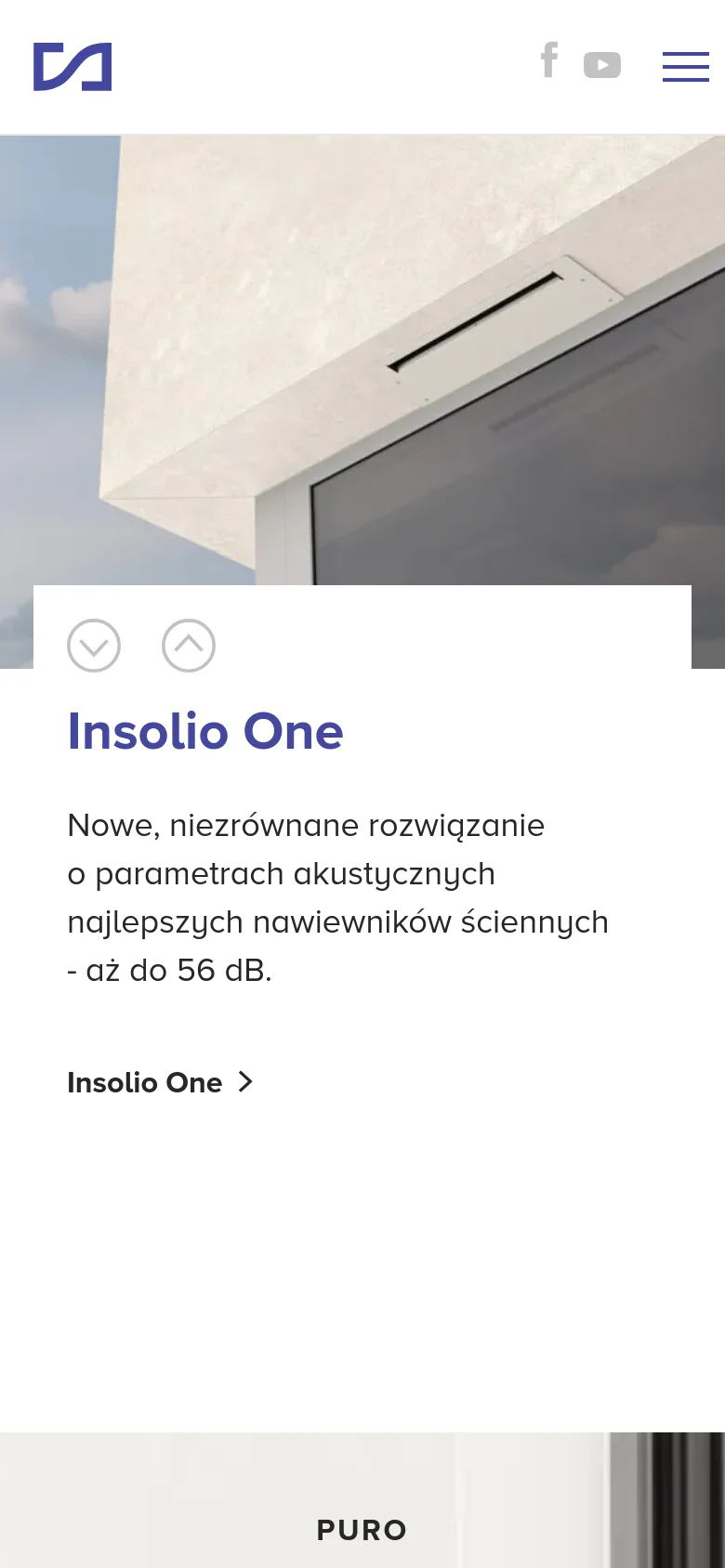 The mobile version uses a simplified vertical layout with a hamburger menu icon in the top right. The hero section displays the 'Insolio One' product title and description prominently over a large, cropped image of the window vent, with social media icons and navigation arrows positioned for easy thumb access.