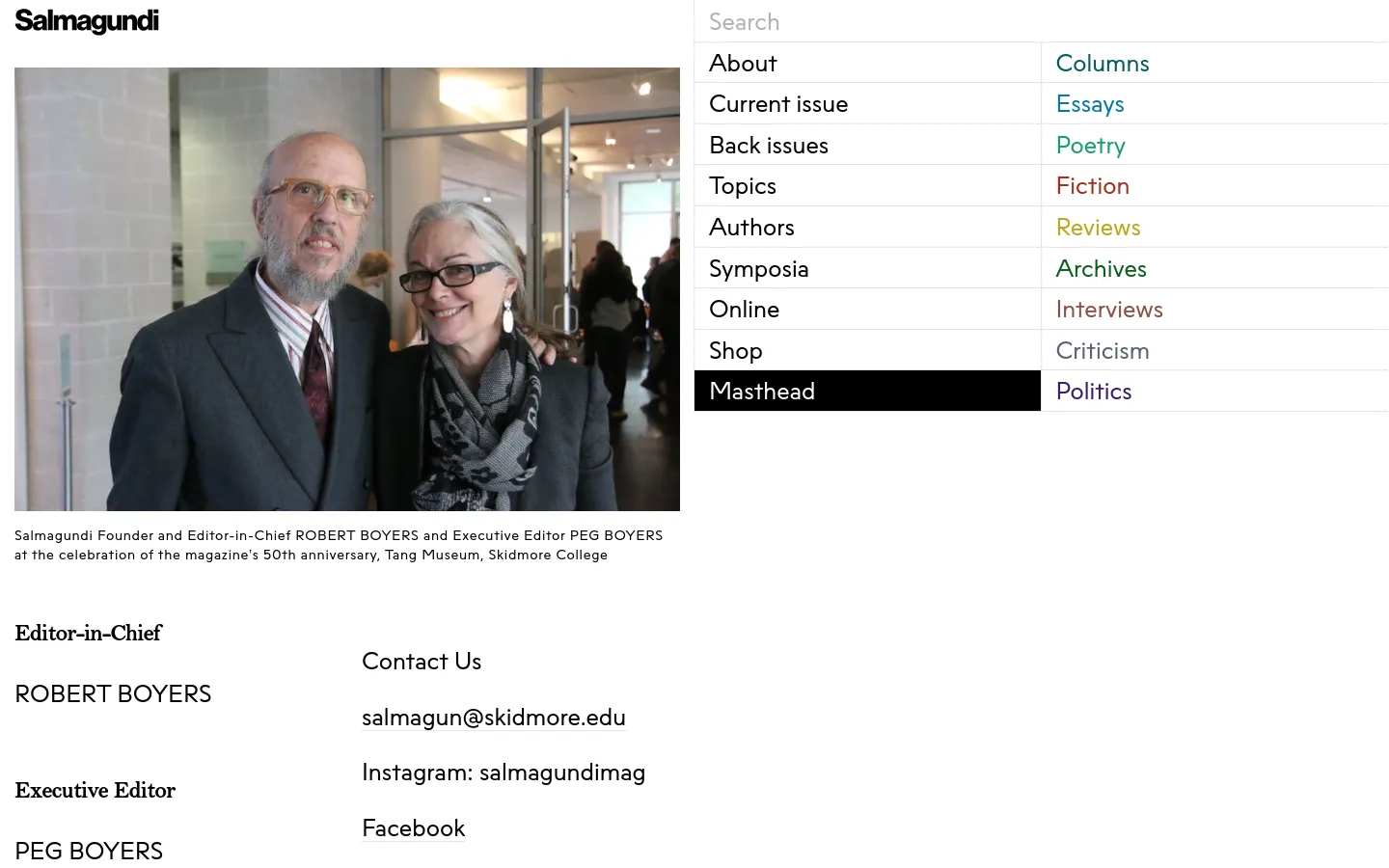 The desktop page features a large hero photograph of Robert Boyers and Peg Boyers at an anniversary celebration. Below the image, the masthead lists editorial staff including the Editor-in-Chief and Executive Editor in bold, black text against a white background. A multi-column navigation menu is visible on the right side of the header.