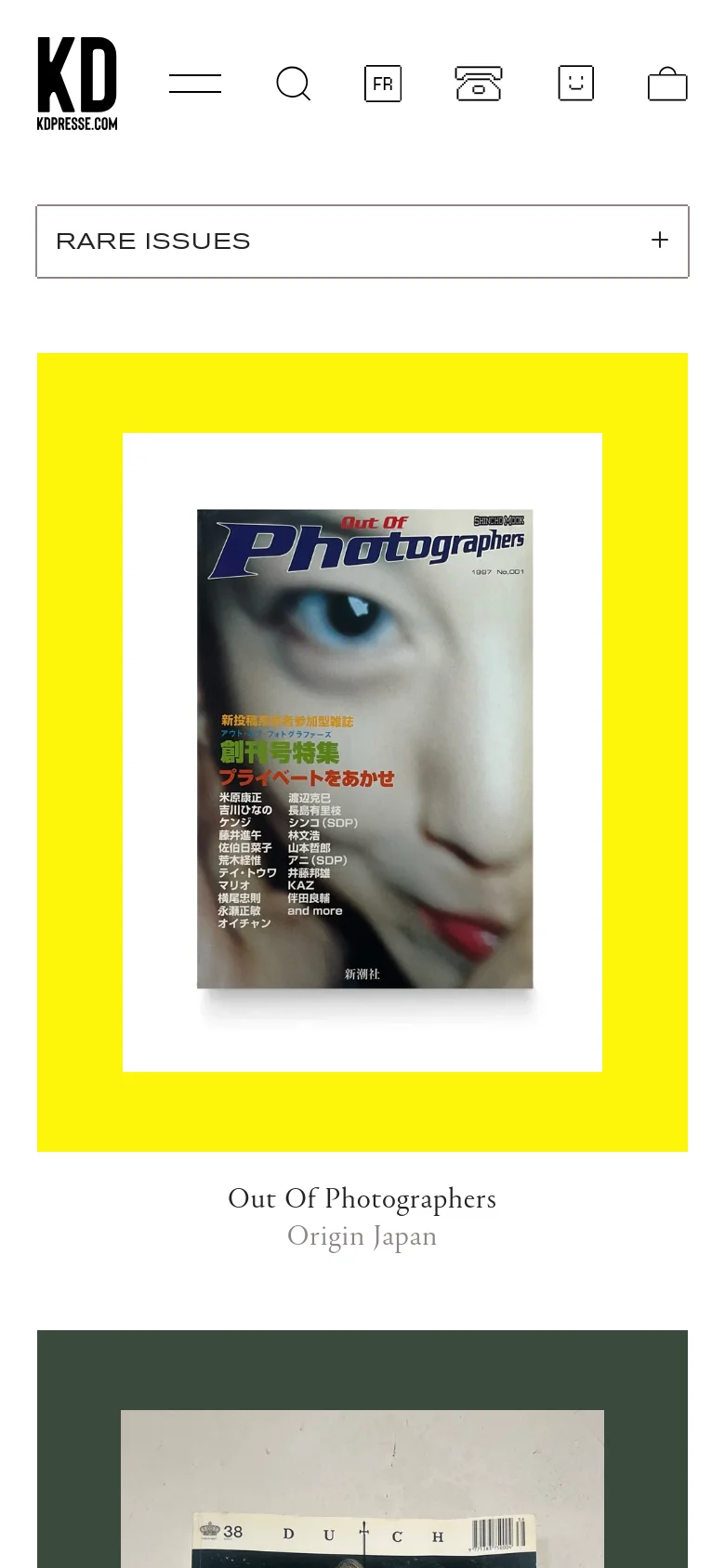 The mobile version uses a simplified layout with a large KD Presse logo and a hamburger menu icon at the top. The magazine products are displayed in a single-column vertical stack, emphasizing large cover images against colorful backgrounds like bright yellow and dark green. The navigation and filter options are condensed into icons and a full-width dropdown menu.