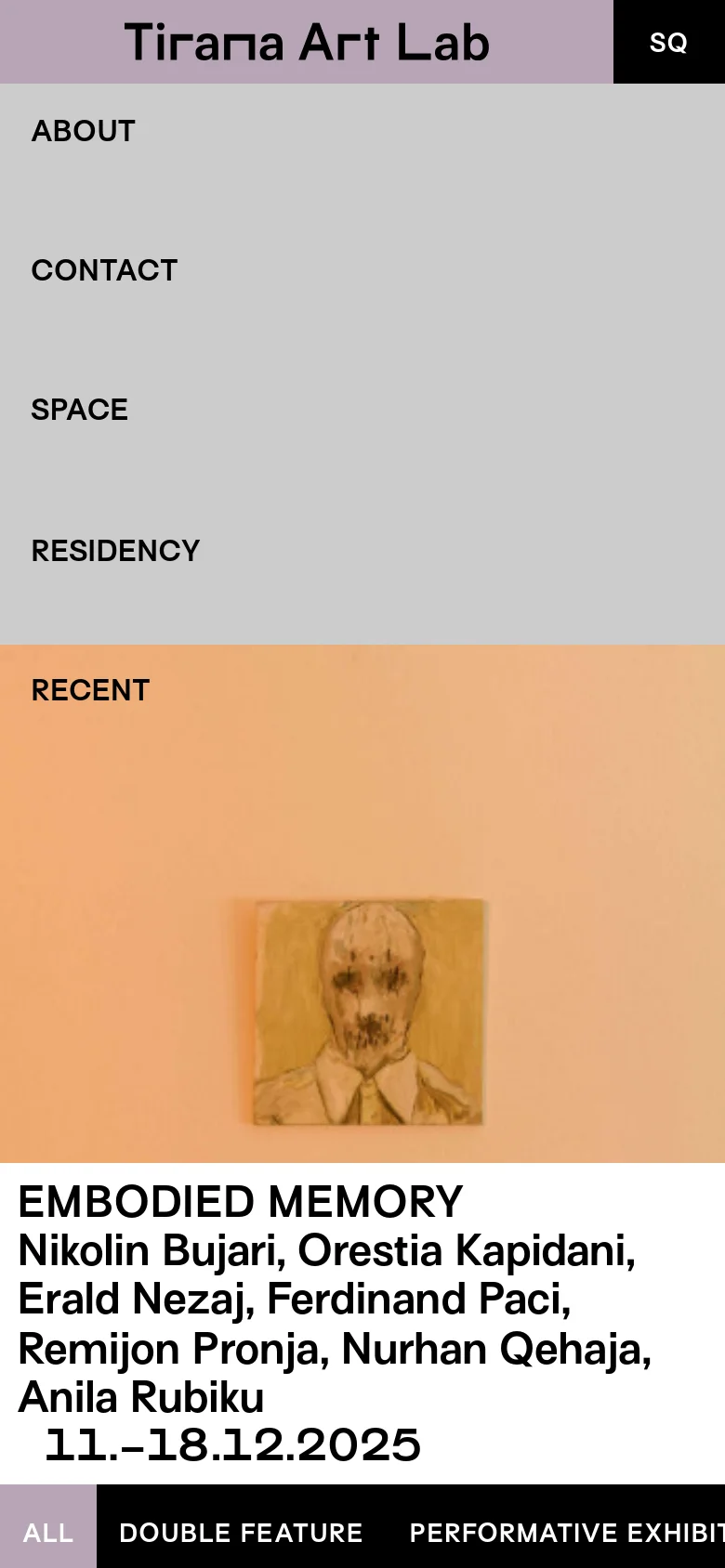 The mobile version presents a vertical stack with a large navigation menu covering the top half of the screen, listing About, Contact, Space, and Residency. Below the menu, the hero image and 'Embodied Memory' exhibition text are scaled down to fit the narrow viewport, maintaining the peach and grey color scheme.