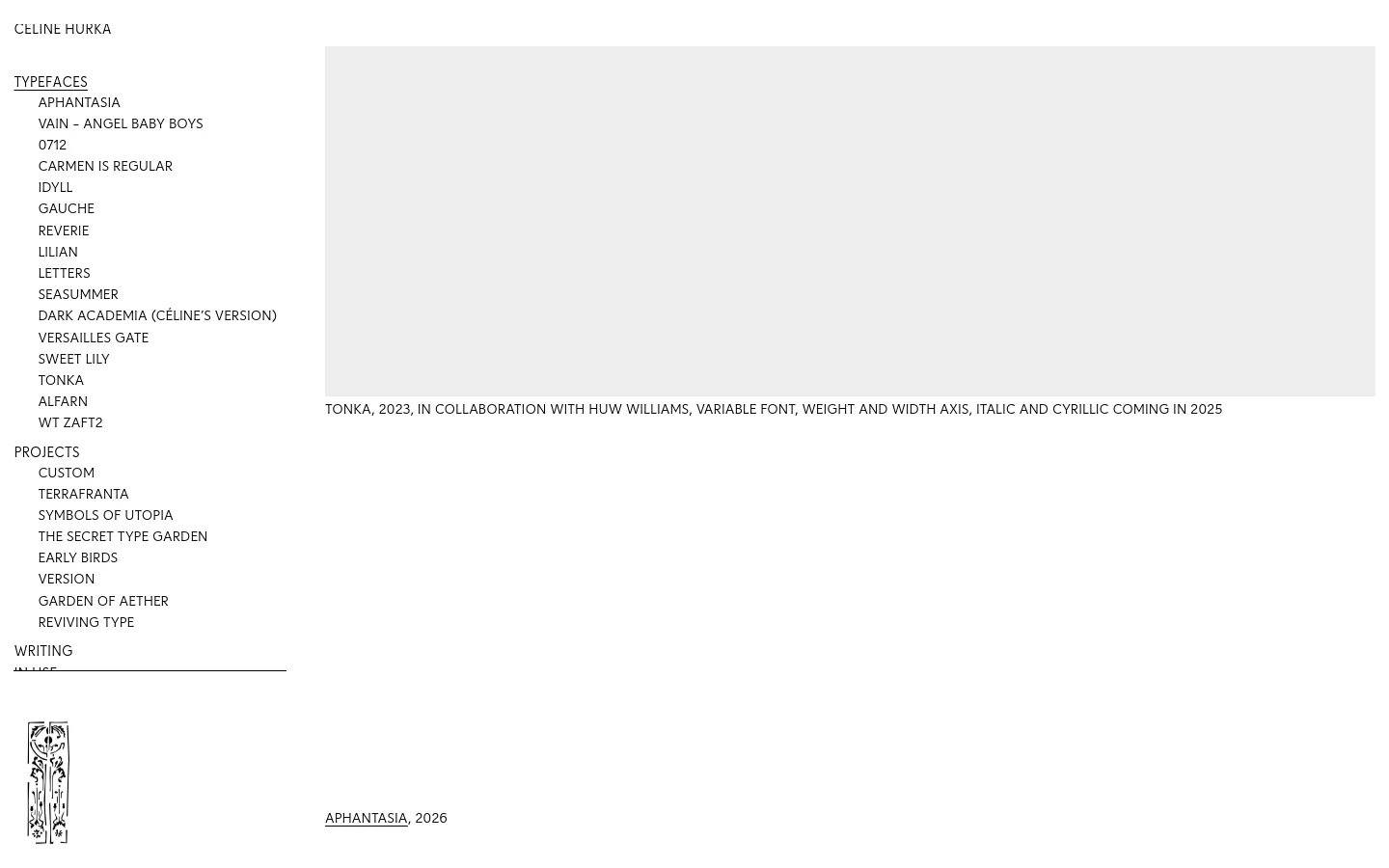 The desktop version features a minimalist white layout with a vertical sidebar navigation on the left containing links for Typefaces and Projects. The main content area displays a grid of typeface previews, including large typographic samples for Tonka, Aphantasia, and Vain – Angel Baby Boys. Each preview is accompanied by the typeface name and release year in a clean, sans-serif font.