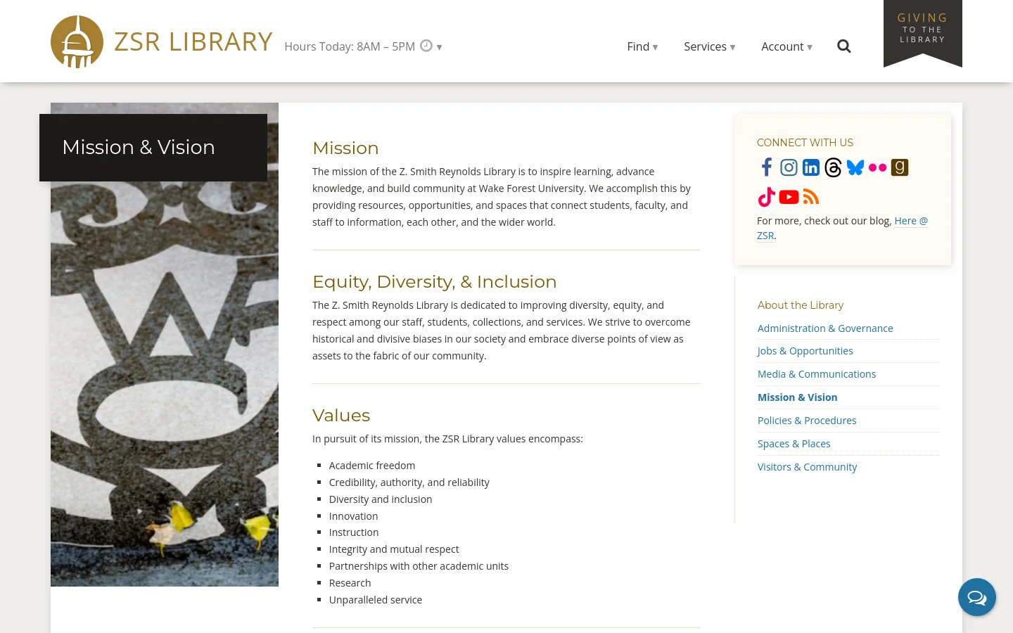 The desktop page features a white background with a header containing the ZSR Library logo and navigation links. A large hero section on the left shows a grayscale image of a stone carving with the title 'Mission & Vision' overlaid, while the main content area on the right lists the library's mission, equity statement, values, and vision. A sidebar on the right includes social media icons and a navigation menu for 'About the Library'.