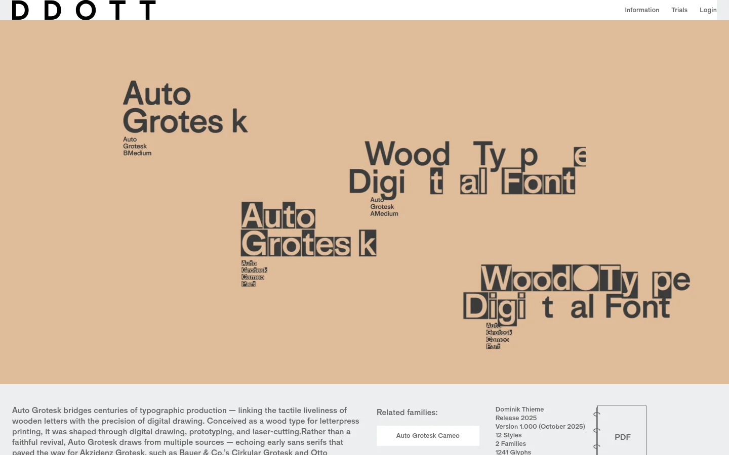 The desktop page features a tan background with large, stylized typographic specimens of the 'Auto Grotesk' font in black. A hero section displays various weights and sizes of the typeface, followed by a detailed text description of the font's history and design philosophy. The layout includes product details like the designer, release year, and pricing, along with 'Download Free Trials' and 'Purchase Font(s)' calls to action.