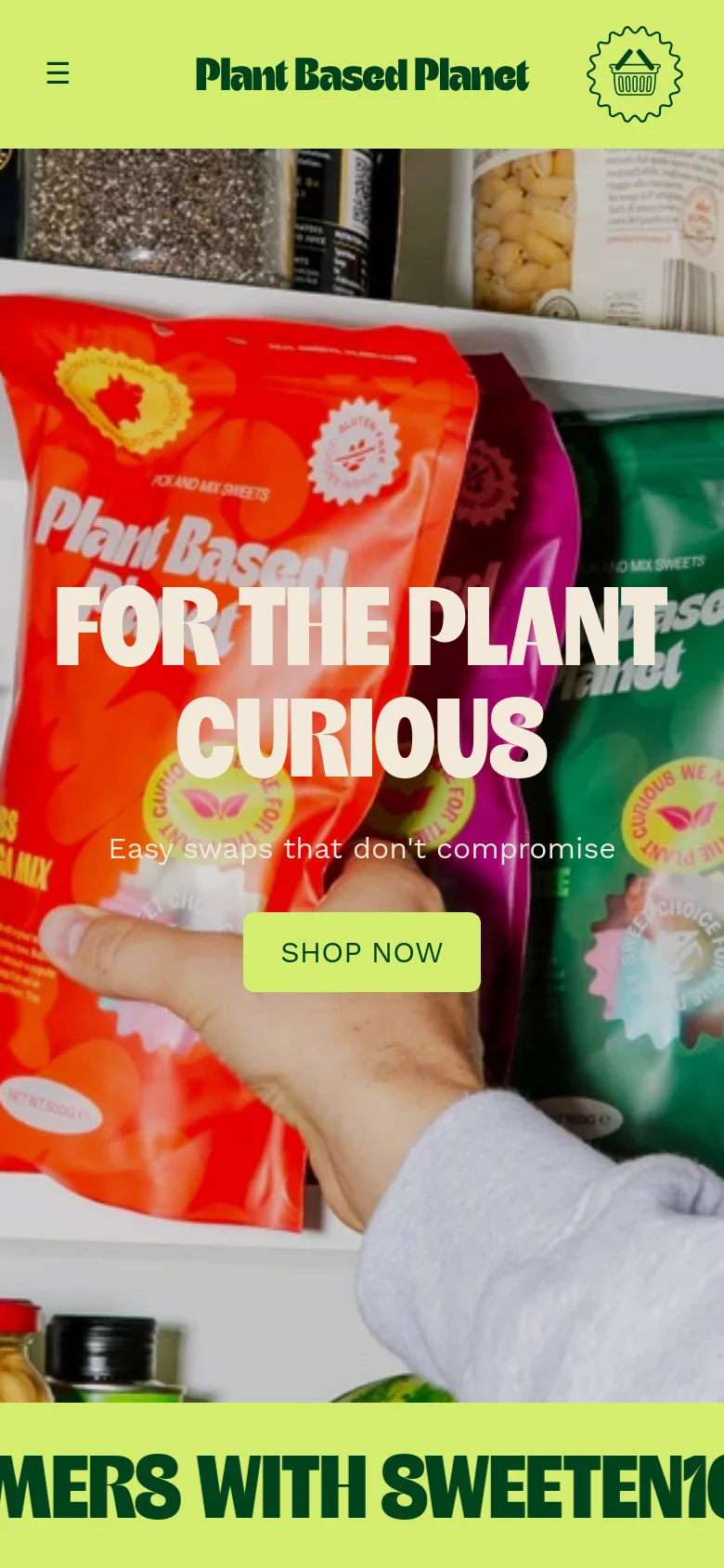 The mobile version simplifies the layout with a hamburger menu icon and a centered logo in the lime green header. The hero image remains the primary focus, displaying the large white headline 'FOR THE PLANT CURIOUS' and the 'SHOP NOW' button, but the content is vertically stacked to fit the narrower screen.
