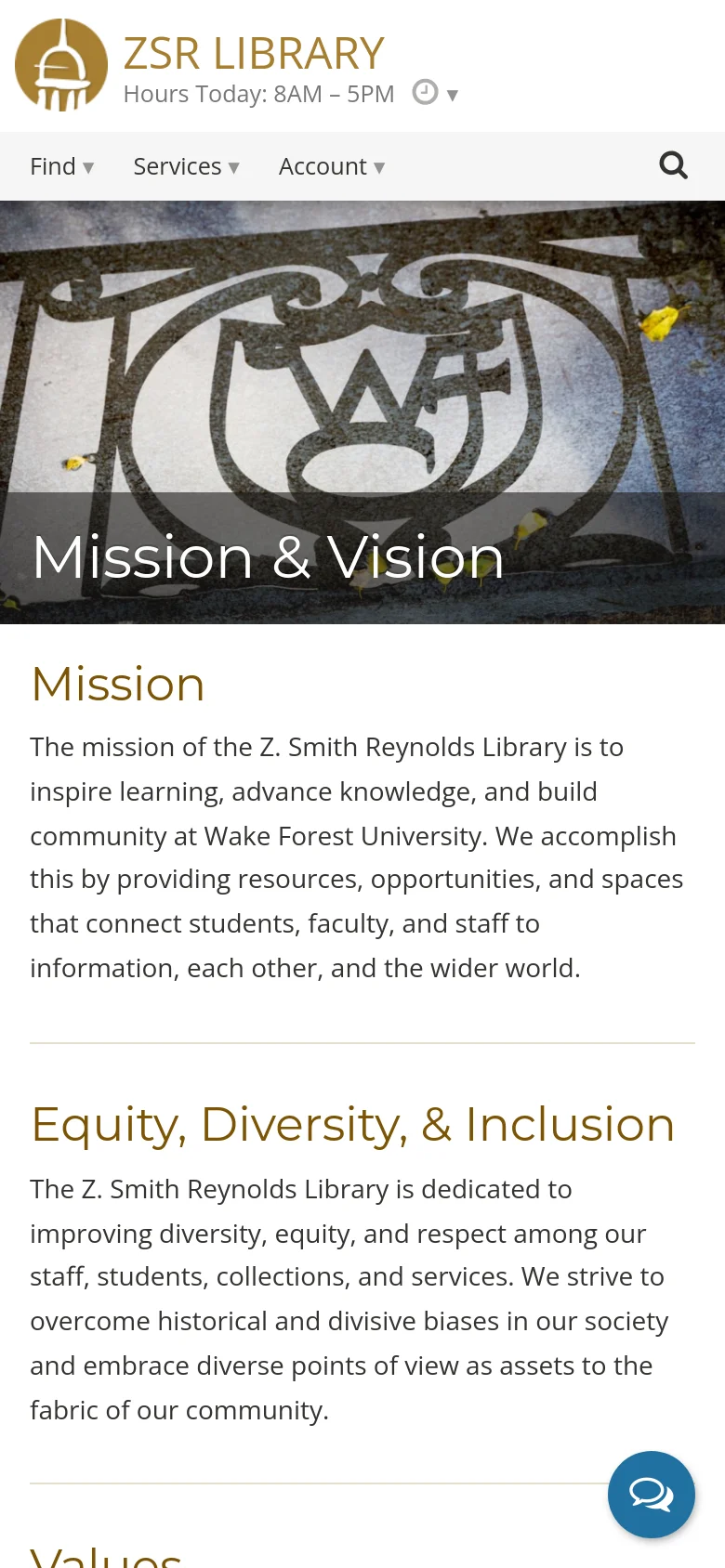 The mobile version presents a simplified vertical layout with a full-width hero image of the stone carving and the 'Mission & Vision' title. The header is condensed, and the main content sections, including Mission and Equity, Diversity, & Inclusion, are stacked vertically for easy scrolling. A floating chat icon is visible in the bottom right corner.