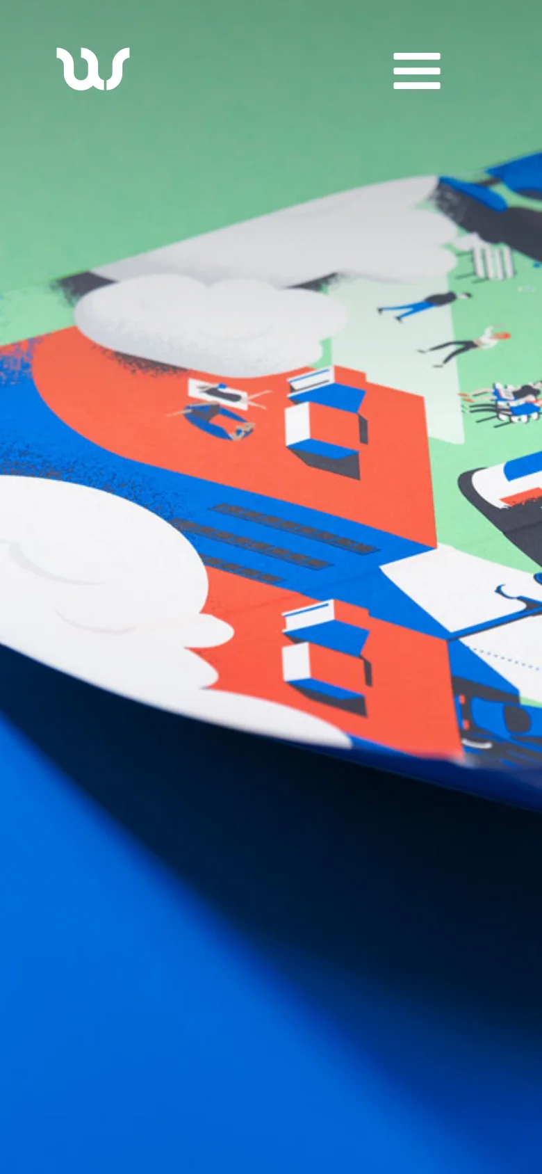The mobile version simplifies the header to a white 'us' logo on the left and a three-line hamburger menu icon on the right. The background remains a large, colorful close-up of the illustrated print, filling the entire vertical screen.