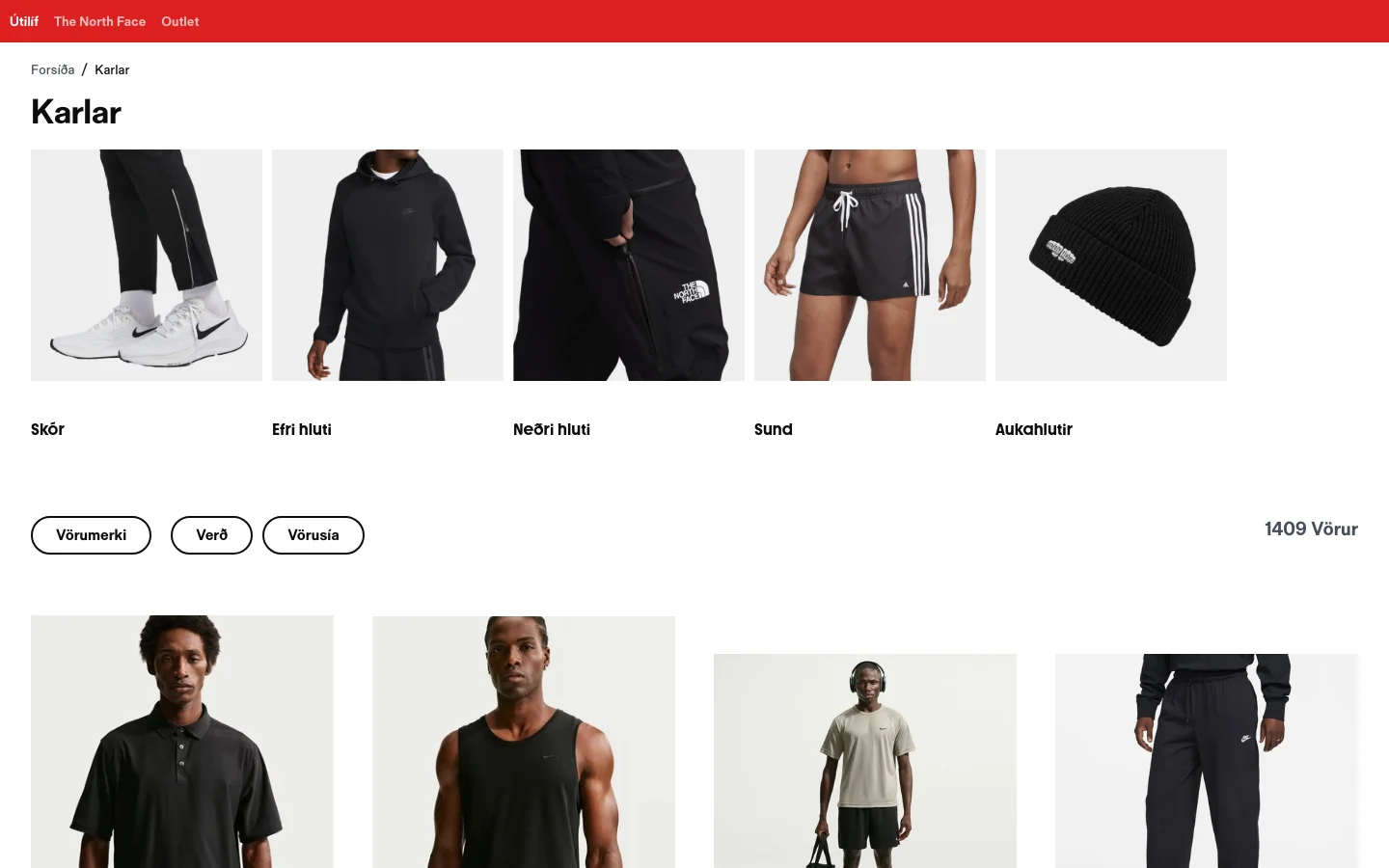 The desktop page for 'Karlar' (Men) features a large heading and a grid of five category images including shoes, tops, bottoms, swimwear, and accessories. Below the categories, there are filter buttons for brands, price, and product type, followed by a product grid displaying items like Nike shirts with prices and brand names. The layout is clean with a white background and black text.