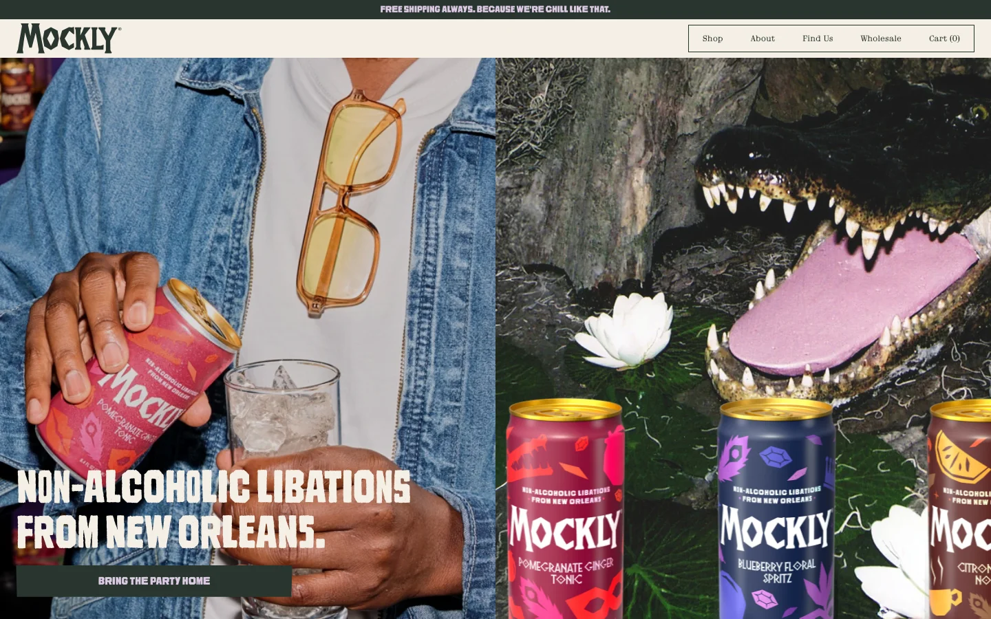 The desktop homepage features a split hero image: a person in a denim jacket holding a Mockly can next to an alligator in a pond. A large headline reads 'NON-ALCOHOLIC LIBATIONS FROM NEW ORLEANS' with a 'BRING THE PARTY HOME' call-to-action button. The navigation bar at the top includes links for Shop, About, Find Us, Wholesale, and a Cart icon.