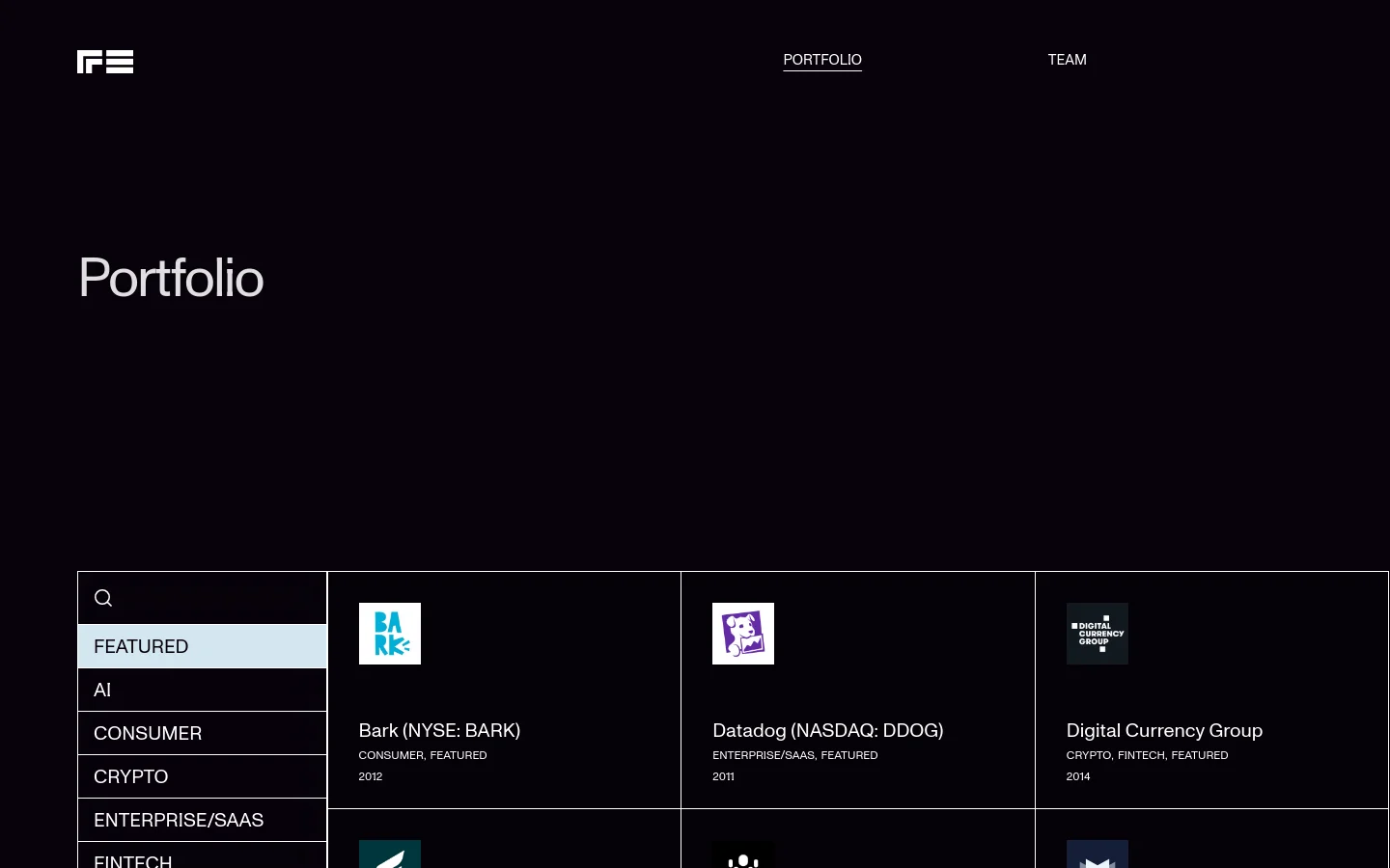 The desktop portfolio page features a dark theme with a large 'Portfolio' headline and a mission statement about backing early-stage founders. Below, a grid of company cards displays logos, names, and categories like 'Bark (NYSE: BARK)' and 'Datadog,' with a sidebar navigation menu containing filter options such as AI, Consumer, and Crypto.