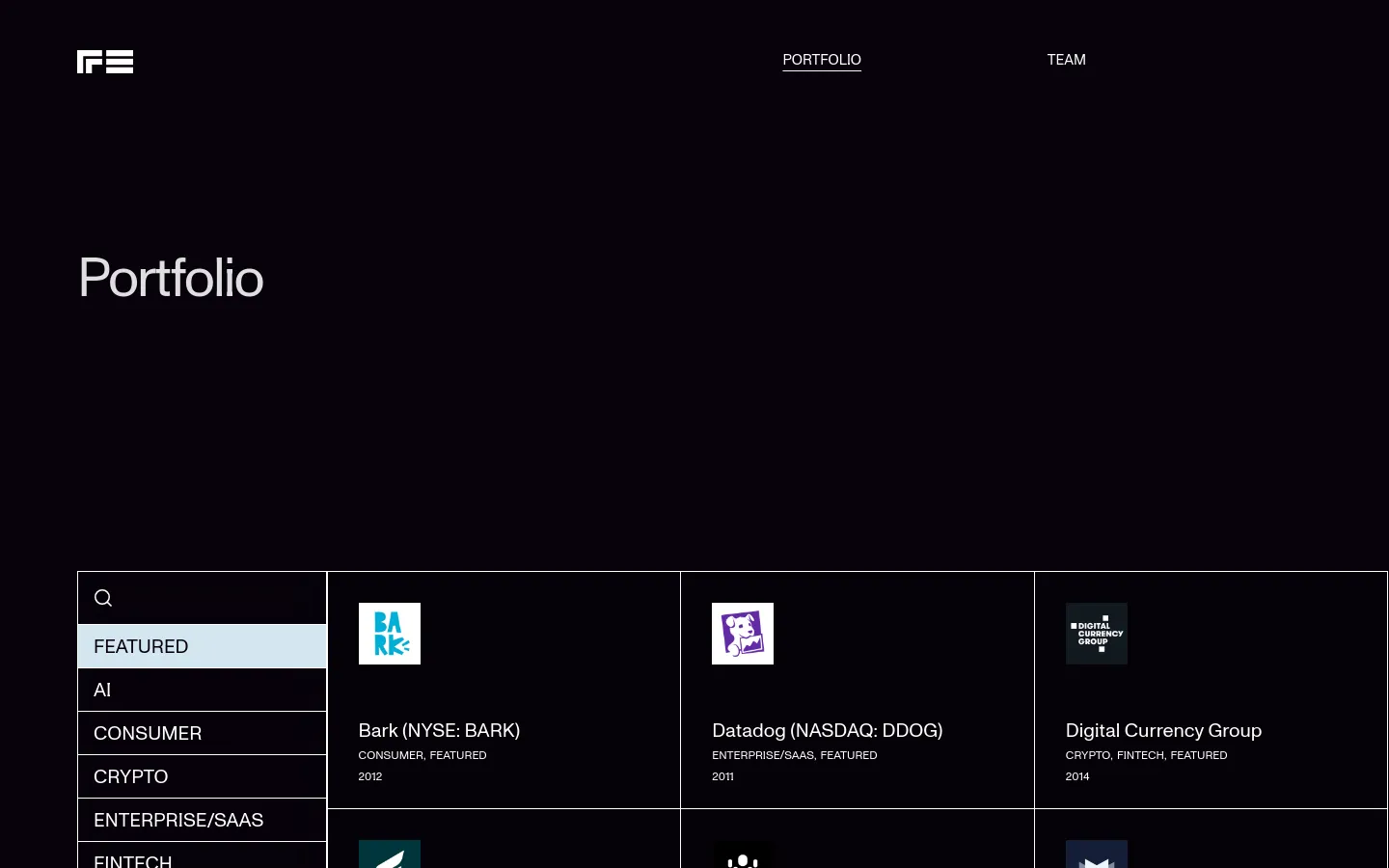 The desktop portfolio page features a dark theme with a large 'Portfolio' headline and a mission statement about backing early-stage founders. Below, a grid of company cards displays logos, names, and categories like 'Bark (NYSE: BARK)' and 'Datadog,' with a sidebar navigation menu containing filter options such as AI, Consumer, and Crypto.