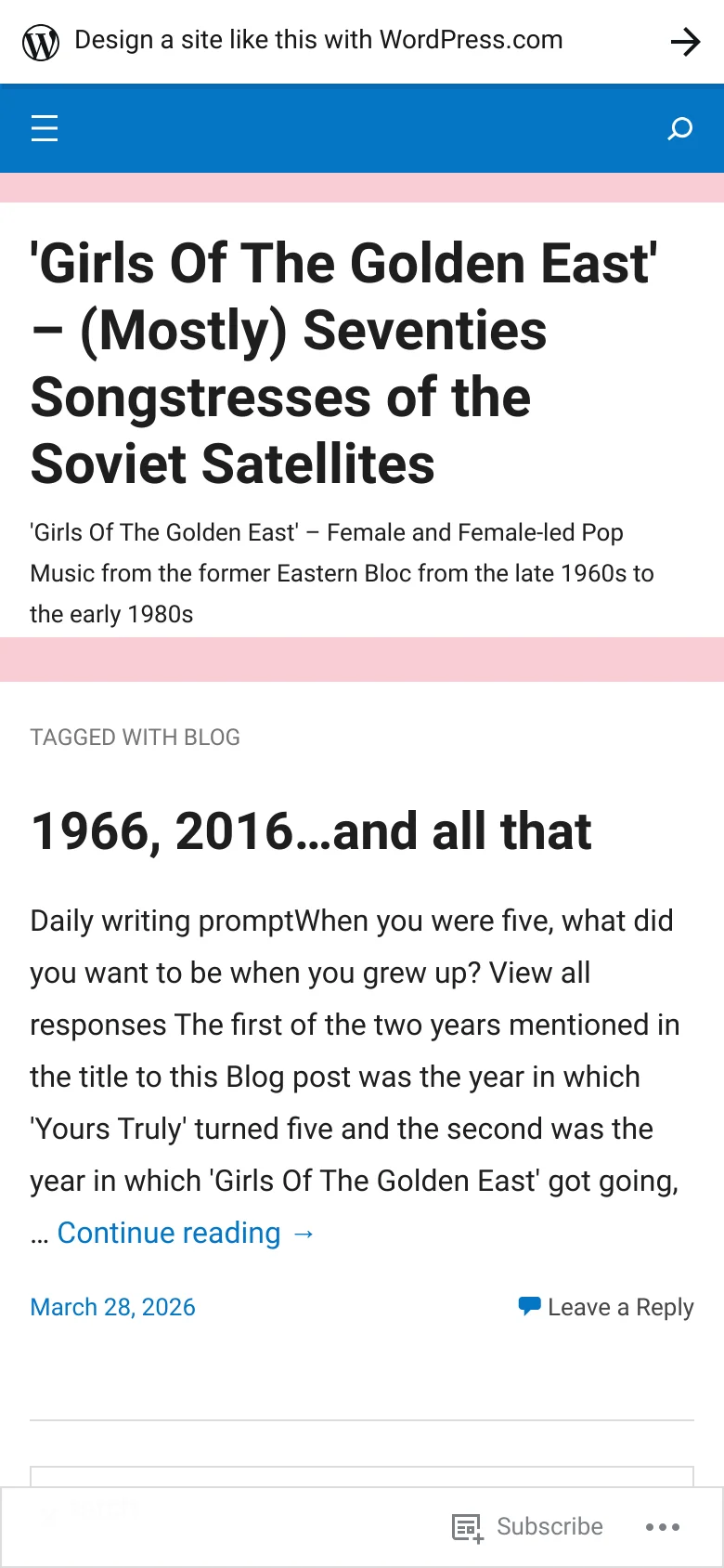The mobile version simplifies the layout, showing the site title in a large black serif font against a white background. The teal header is removed, and the blog post content follows below, featuring the title '1966, 2016...and all that' in bold black text with a 'Continue reading' link.