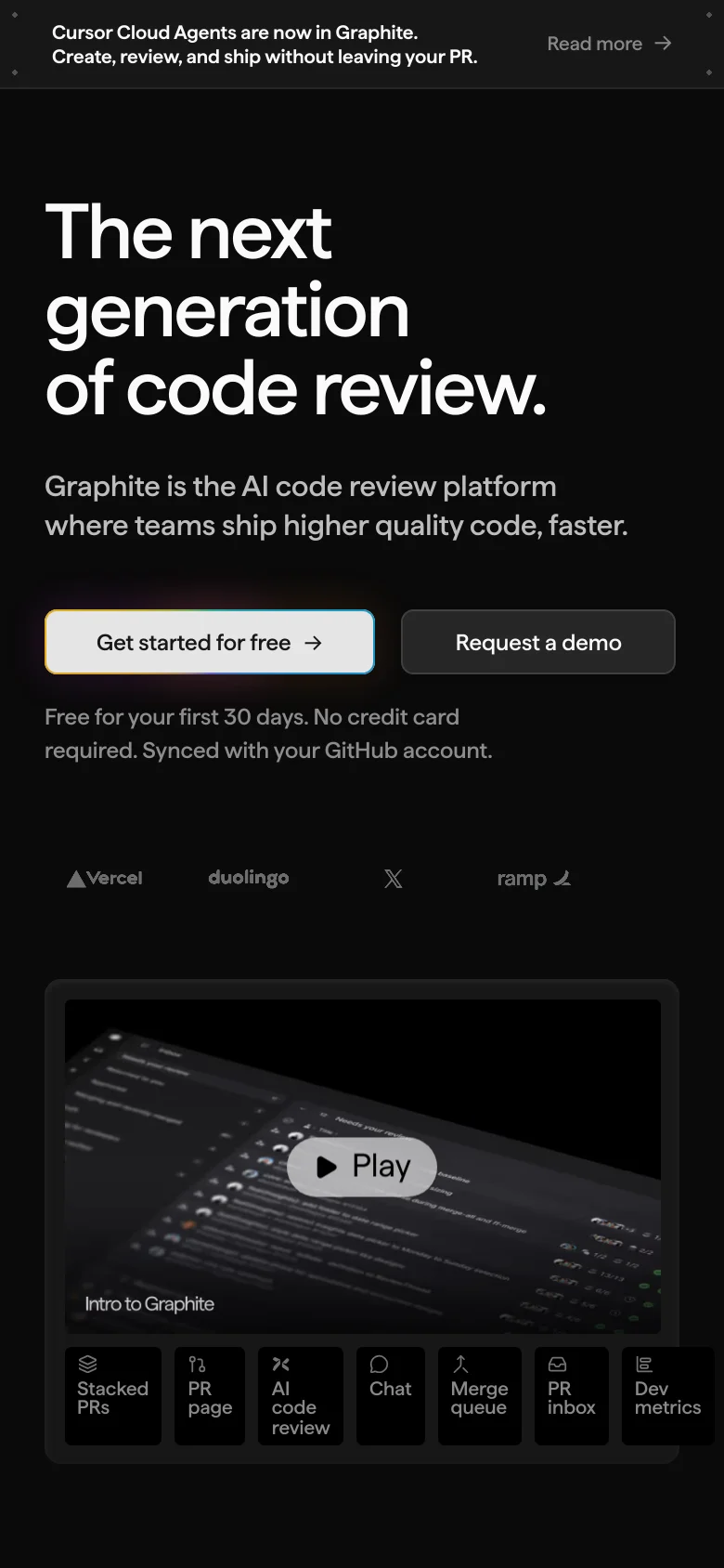 The mobile version presents a vertically stacked layout with the headline and call-to-action buttons centered at the top. The glowing hexagonal graphic is removed to prioritize text, and the company logos and feature video are scaled to fit the narrow screen width.