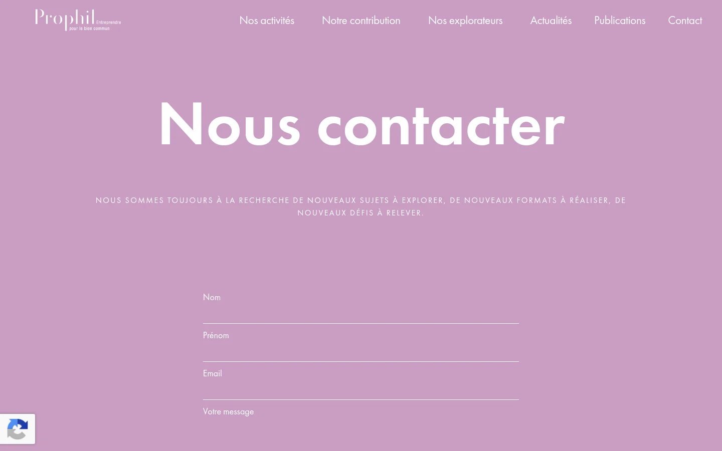The desktop contact page features a large lavender background with the white headline 'Nous contacter' and a subheadline in smaller text. A navigation menu is at the top right, and a contact form with white underline input fields for Name, First Name, Email, and Message is centered below.