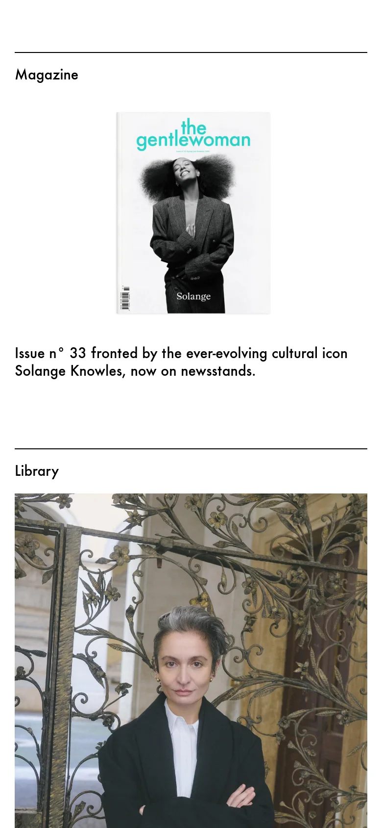 The mobile version presents a vertically stacked, single-column layout optimized for scrolling. Large editorial images dominate the screen, each paired with concise headlines and direct links to the shop or library. The navigation is simplified, focusing on a streamlined viewing experience of the magazine's featured content.