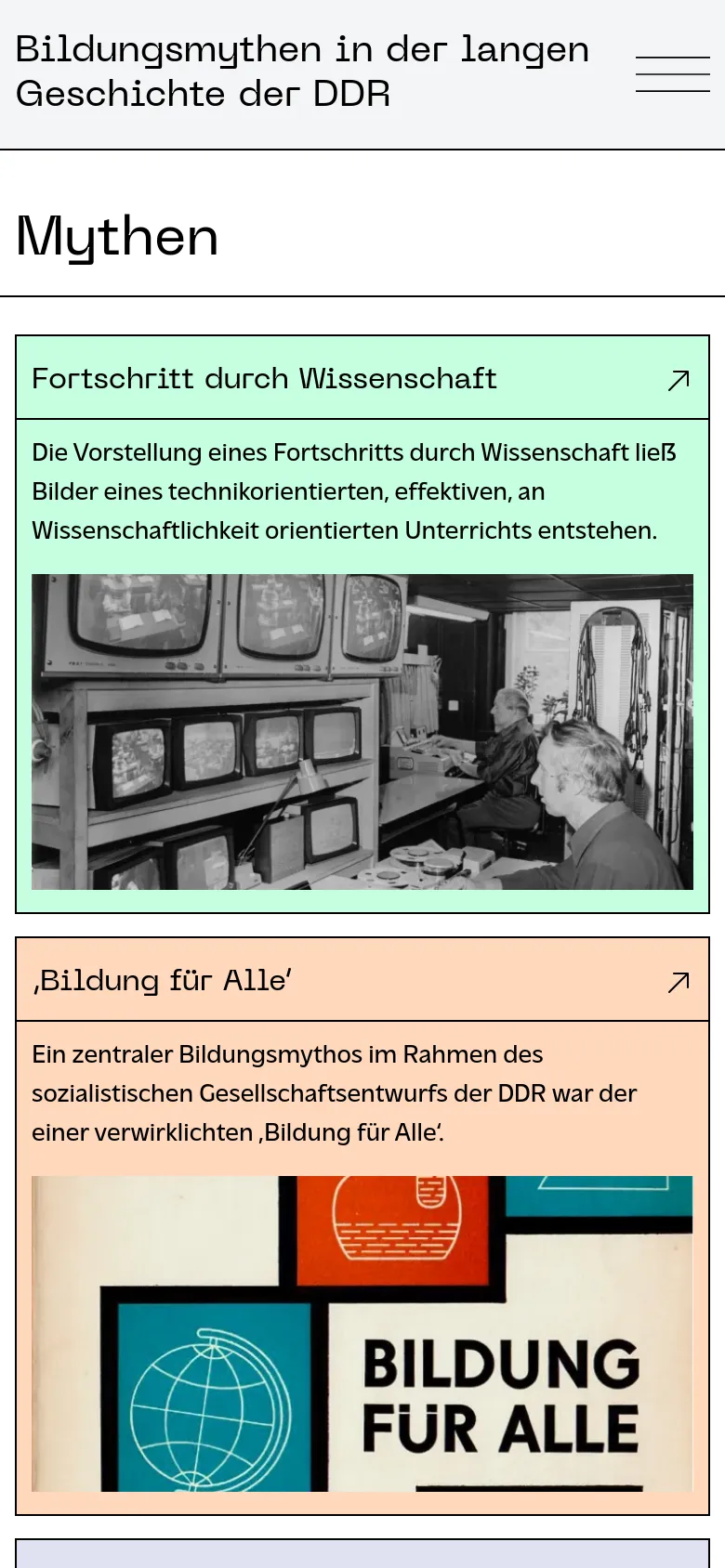 The mobile version displays a simplified layout with a hamburger menu icon in the top right. The content is reorganized into a single-column vertical stack of cards, making the text and images larger and easier to scroll through on a narrow screen.