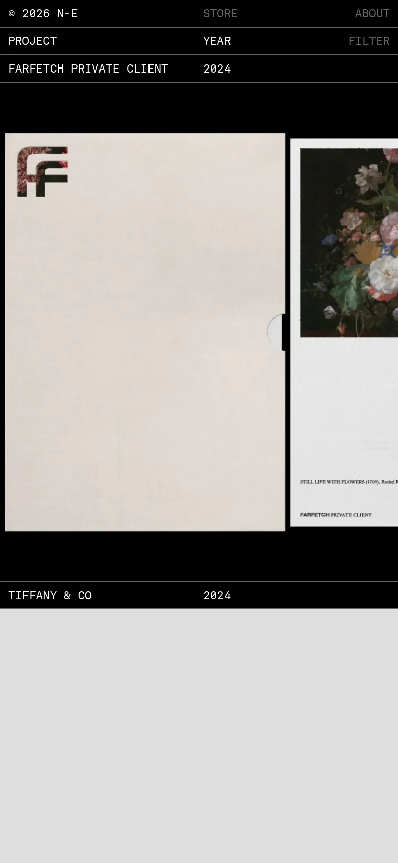 The mobile version maintains the dark aesthetic but simplifies the layout into a vertical scroll. The navigation is condensed, and the project content, such as the 'FARFETCH PRIVATE CLIENT' section, features large, full-width images stacked vertically to accommodate the narrow screen.