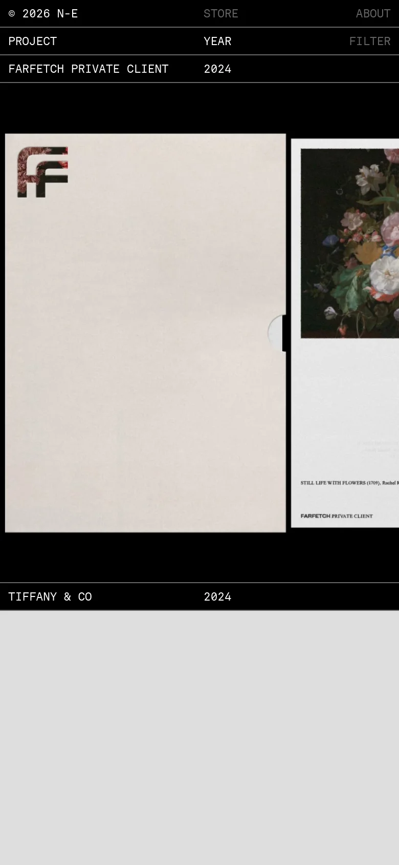 The mobile version maintains the dark aesthetic but simplifies the layout into a vertical scroll. The navigation is condensed, and the project content, such as the 'FARFETCH PRIVATE CLIENT' section, features large, full-width images stacked vertically to accommodate the narrow screen.